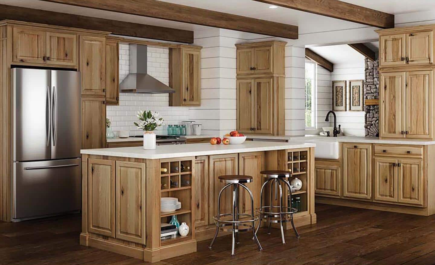 A kitchen with wood cabinetry featuring a natural hickory tone.