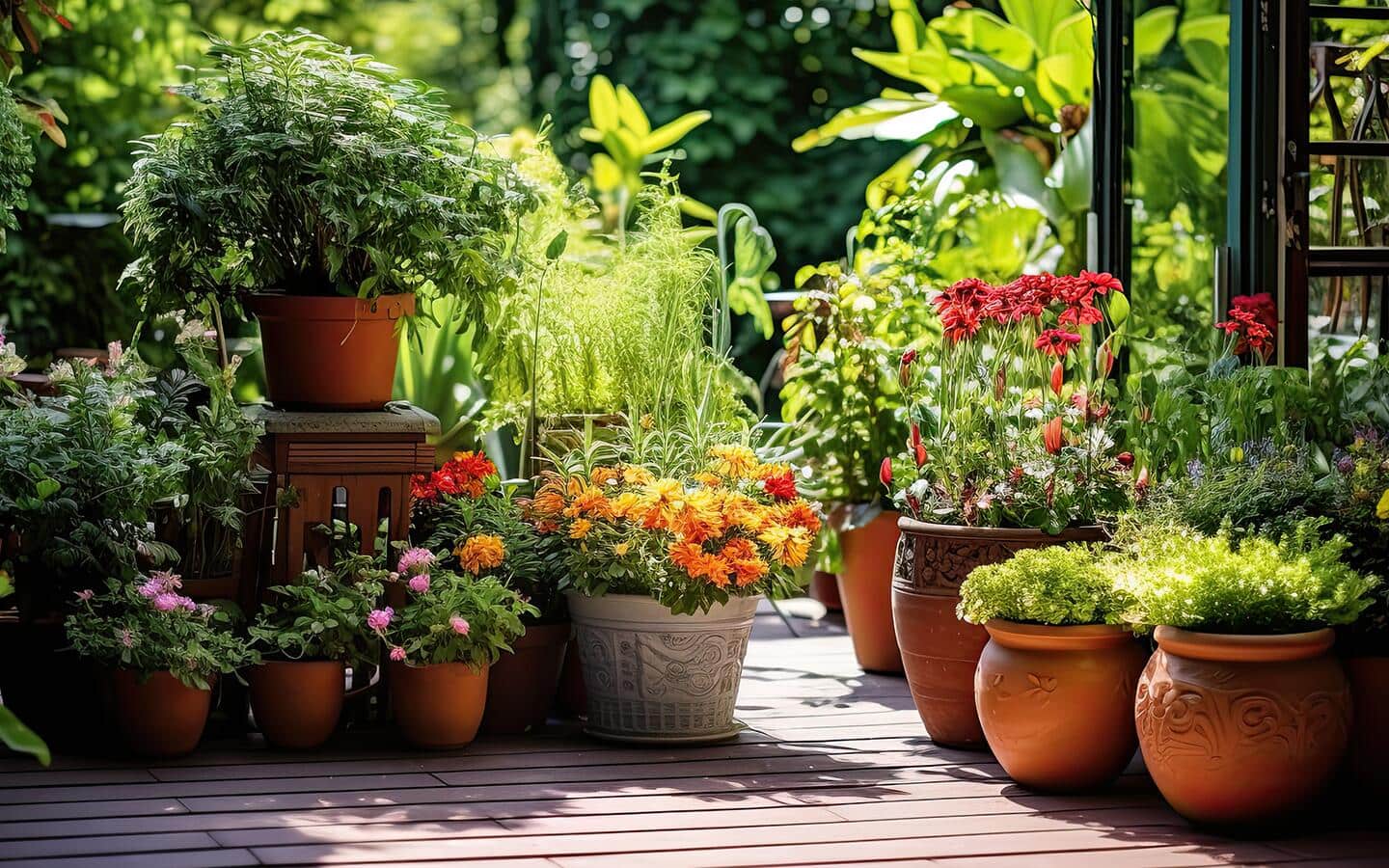 A container garden filled with flowering plants