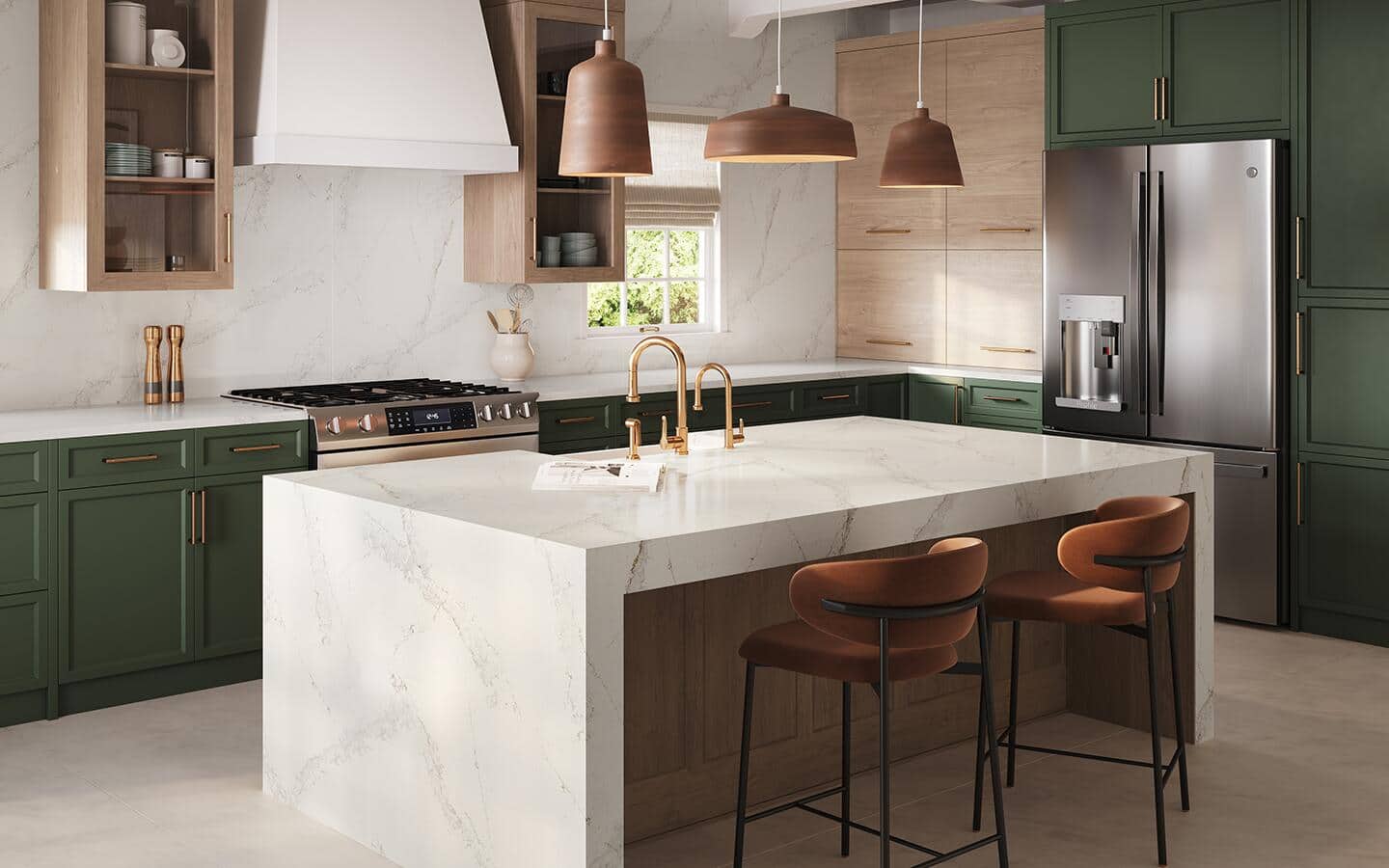 A kitchen with quartz countertops on a kitchen island and on the stove surround