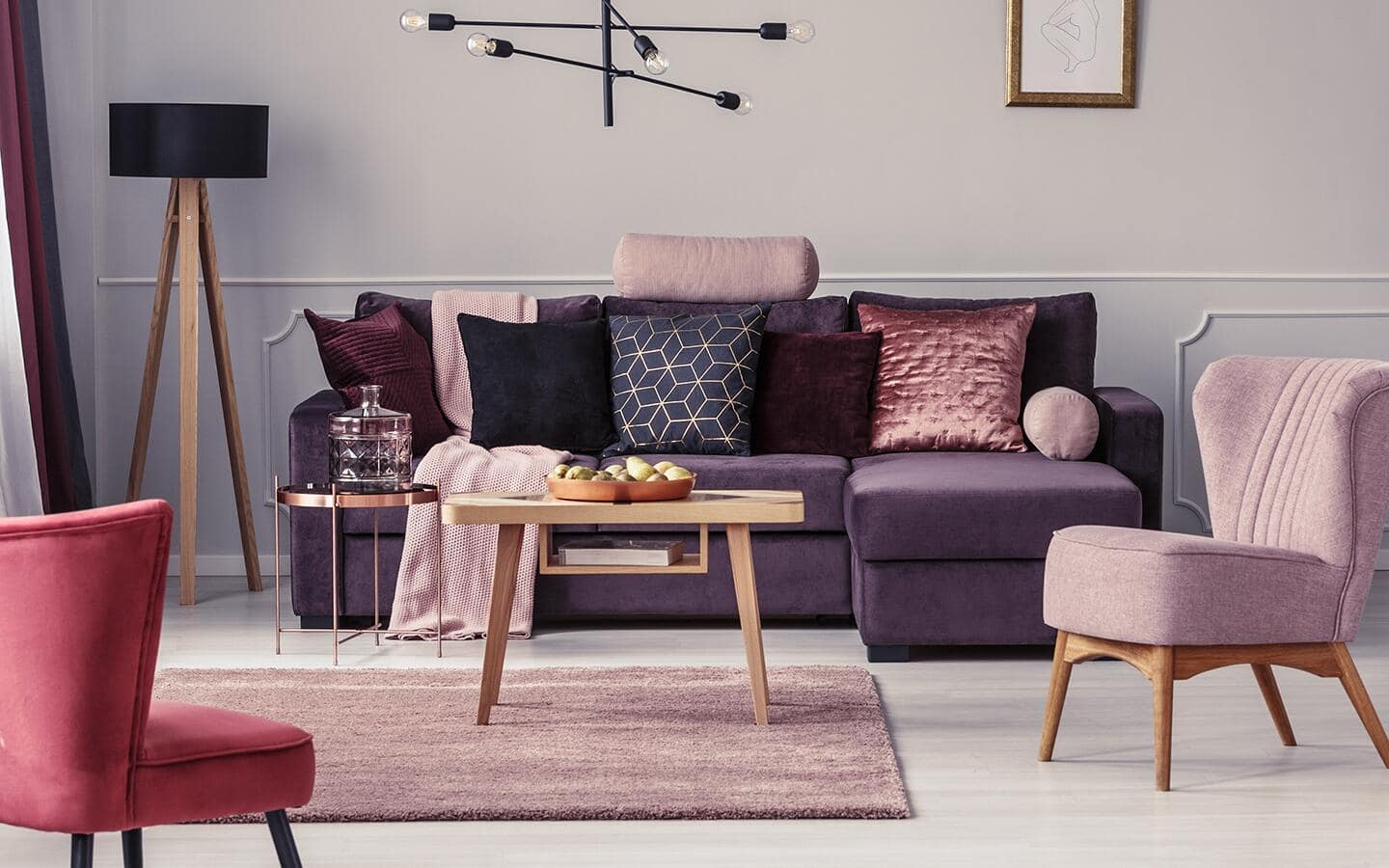 A pink and purple living room color scheme.