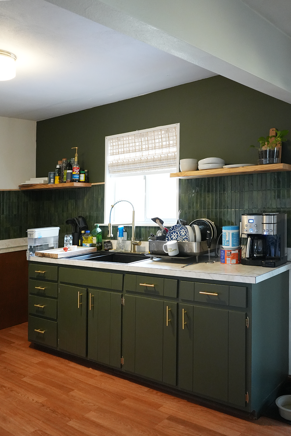 A before photo of Vanessas kitchen and cabinet spaces, with green cabinetry.