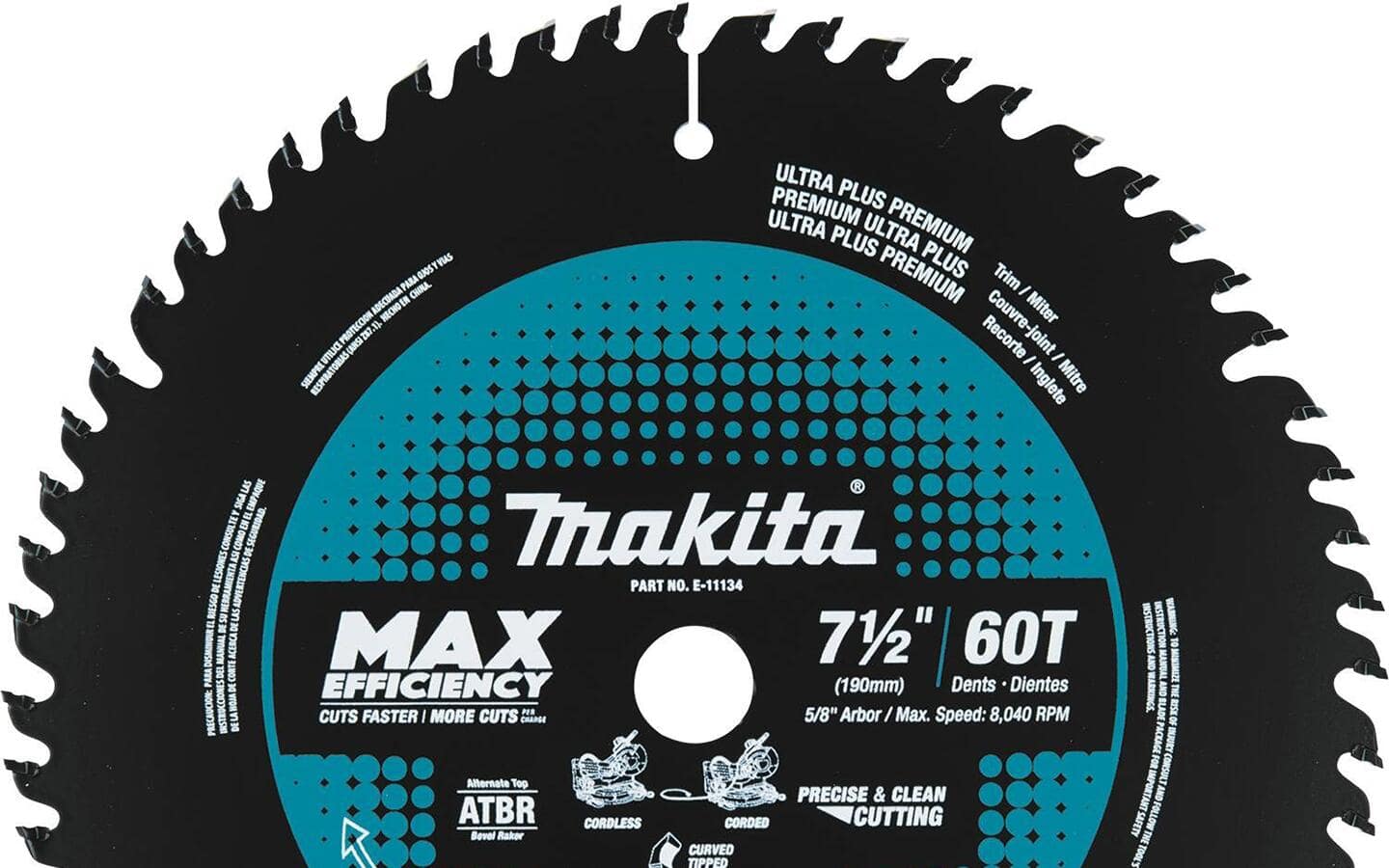 A close-up of a blue and black rotary saw blade's cutting teeth.