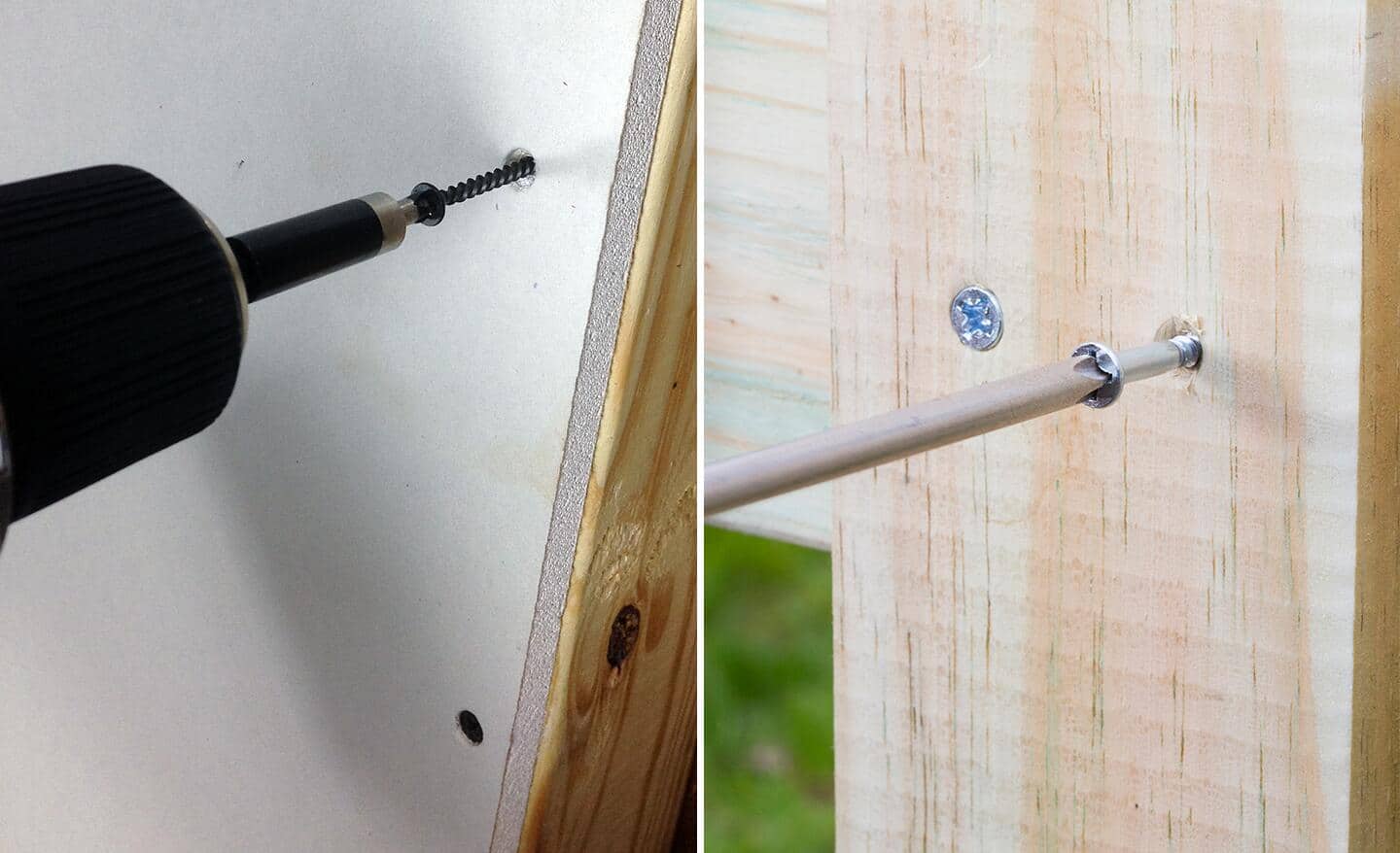 A wood screw being screwed into wood on the right and a drywall screw being drilled into drywall on the left.