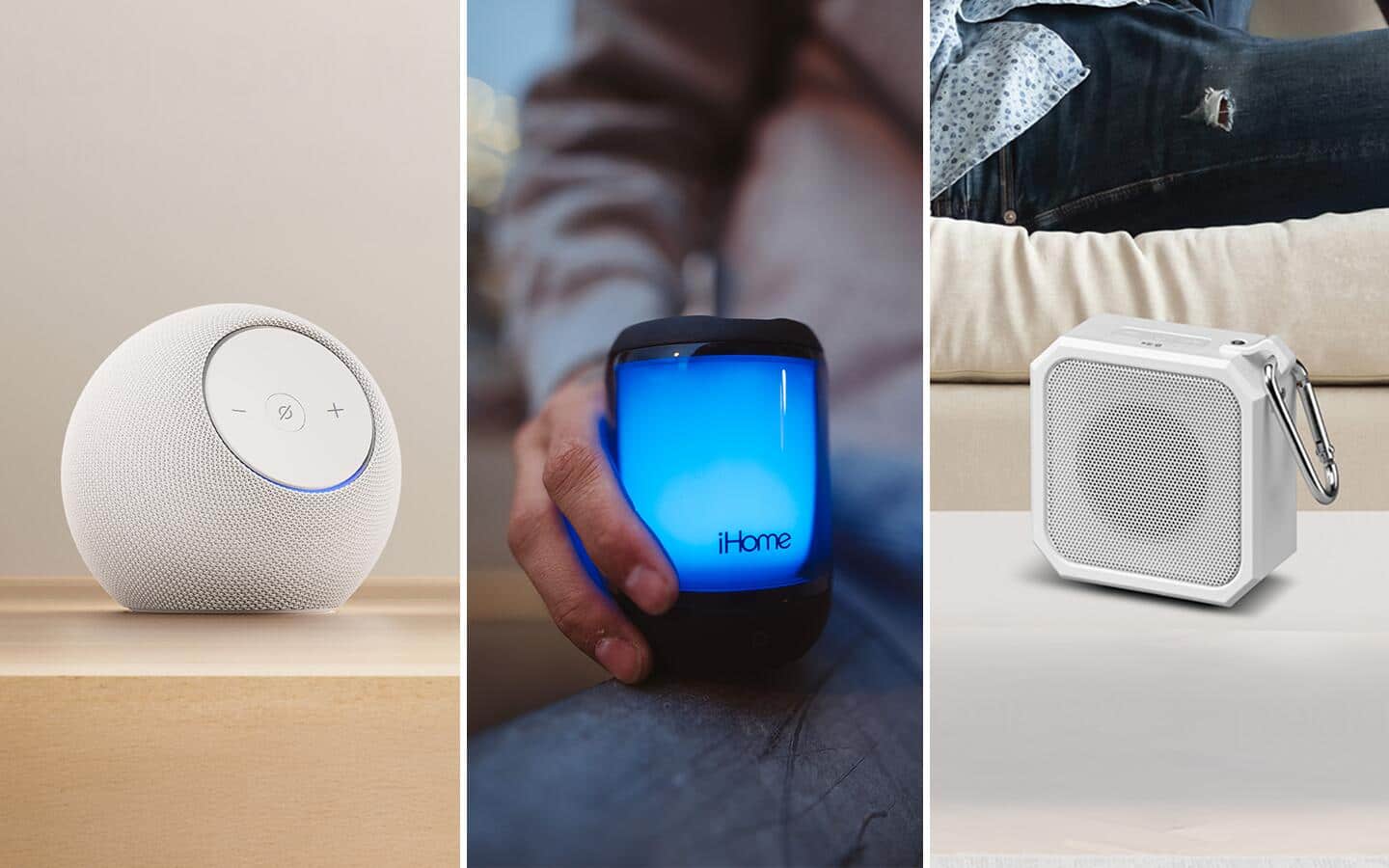 A multi-pane image showing various smart speakers. A multi-pane image showing various smart speakers.
