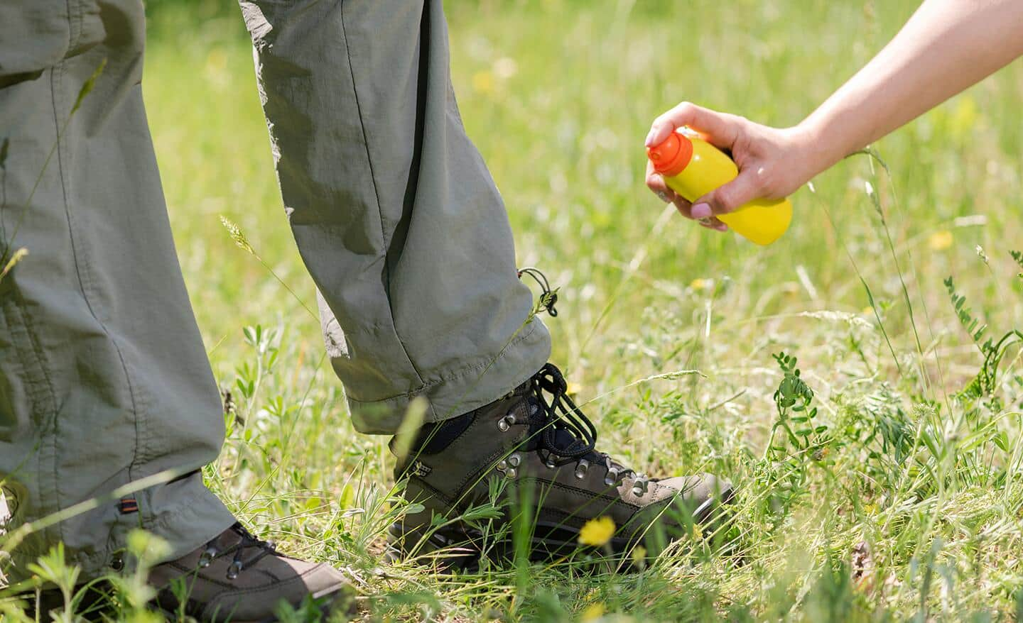 Person sprays mosquito repellent on pant cuffs