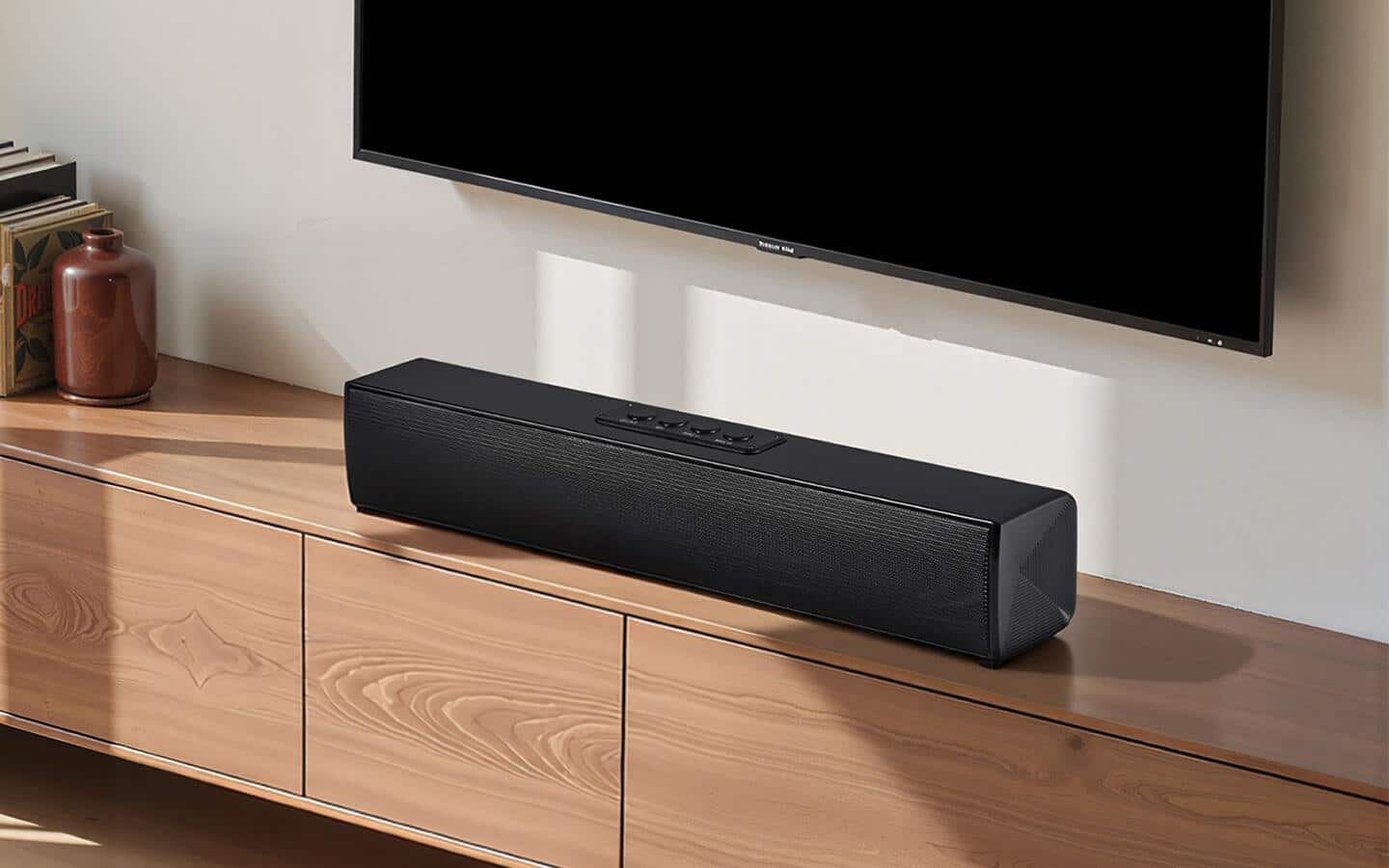A sound bar is under a television. A sound bar is under a television.