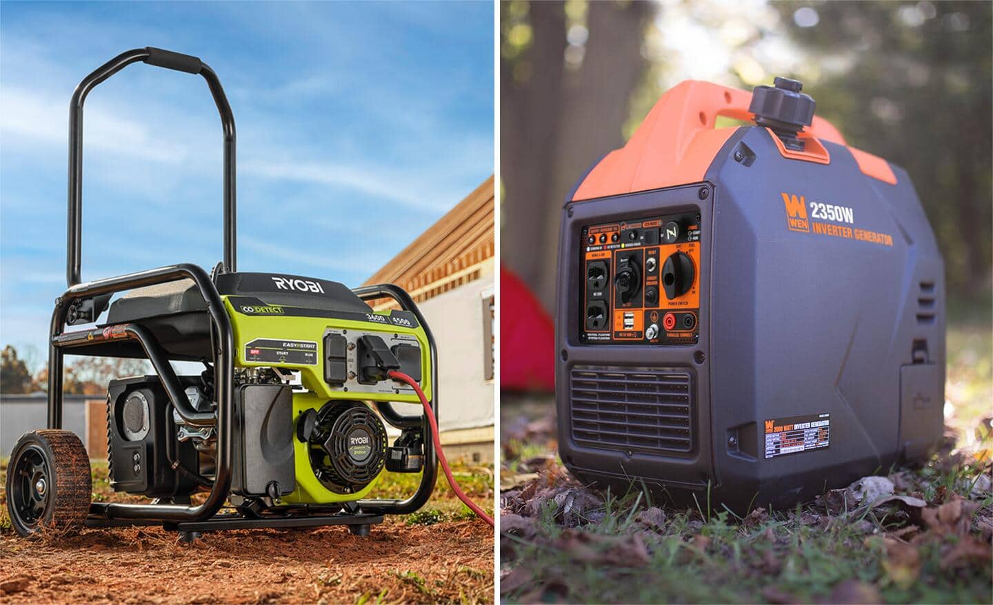 A split image with a portable generator on the left and an inverter generator on the right.