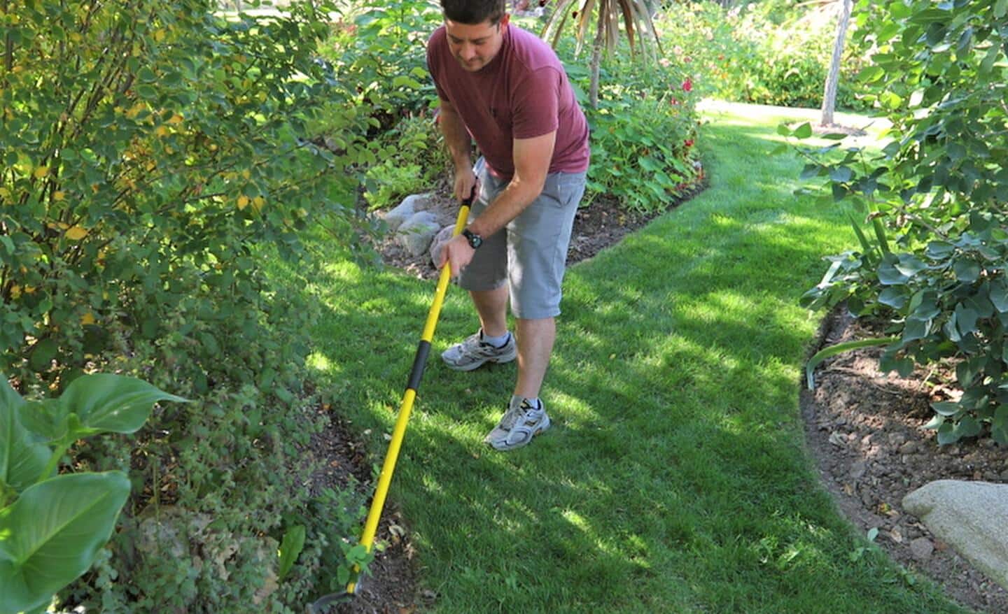 Person uses a weeding tool to clean a garden bed
