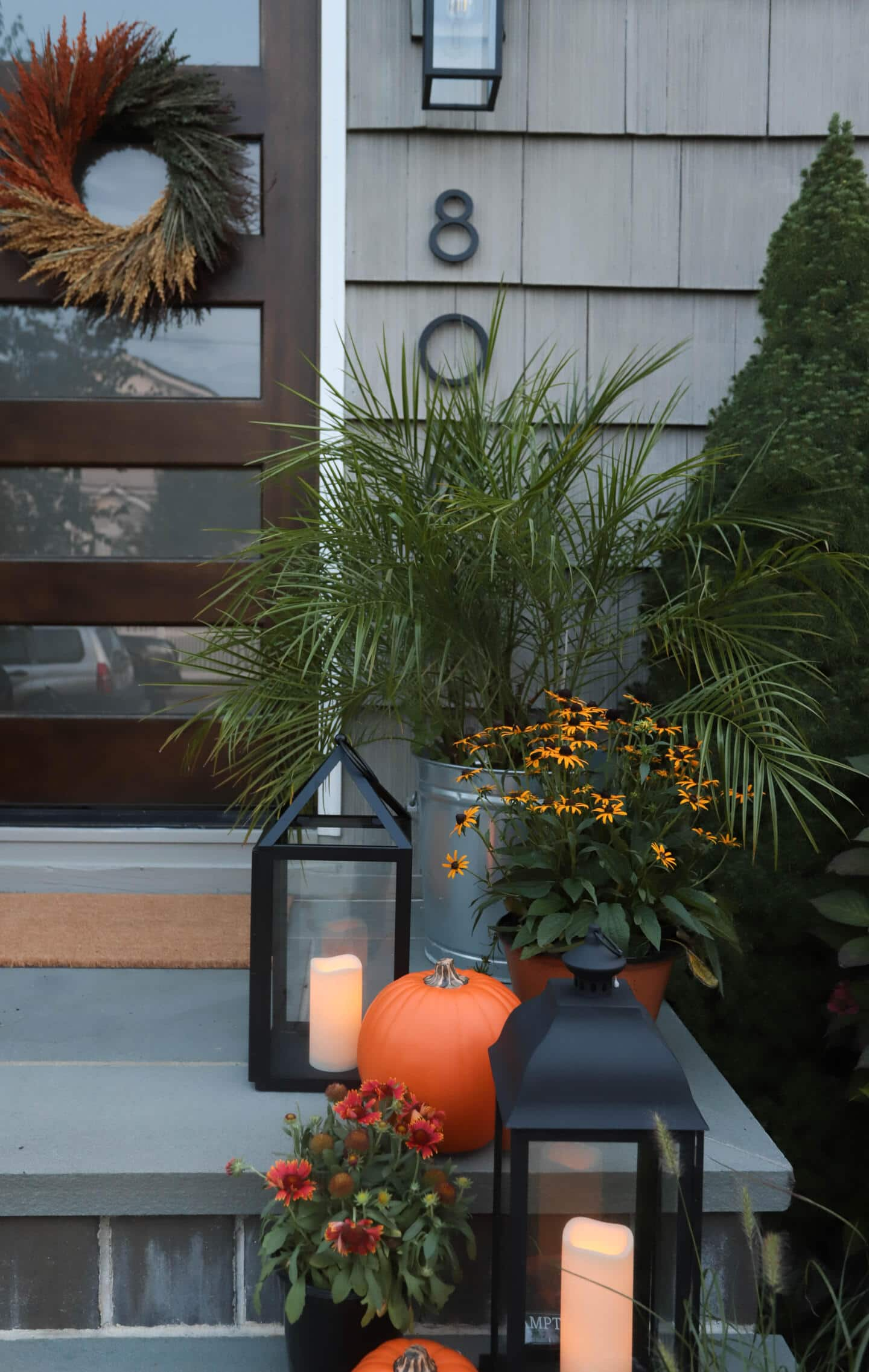 A close-up of decorated front porch.