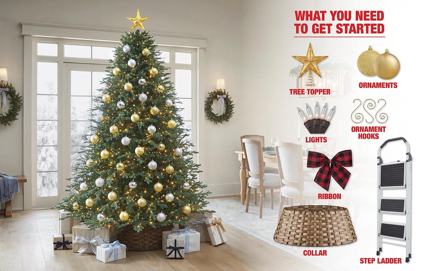 A Christmas tree surrounded by items needed to decorate it like a stepladder, lights, ornaments and a tree skirt.