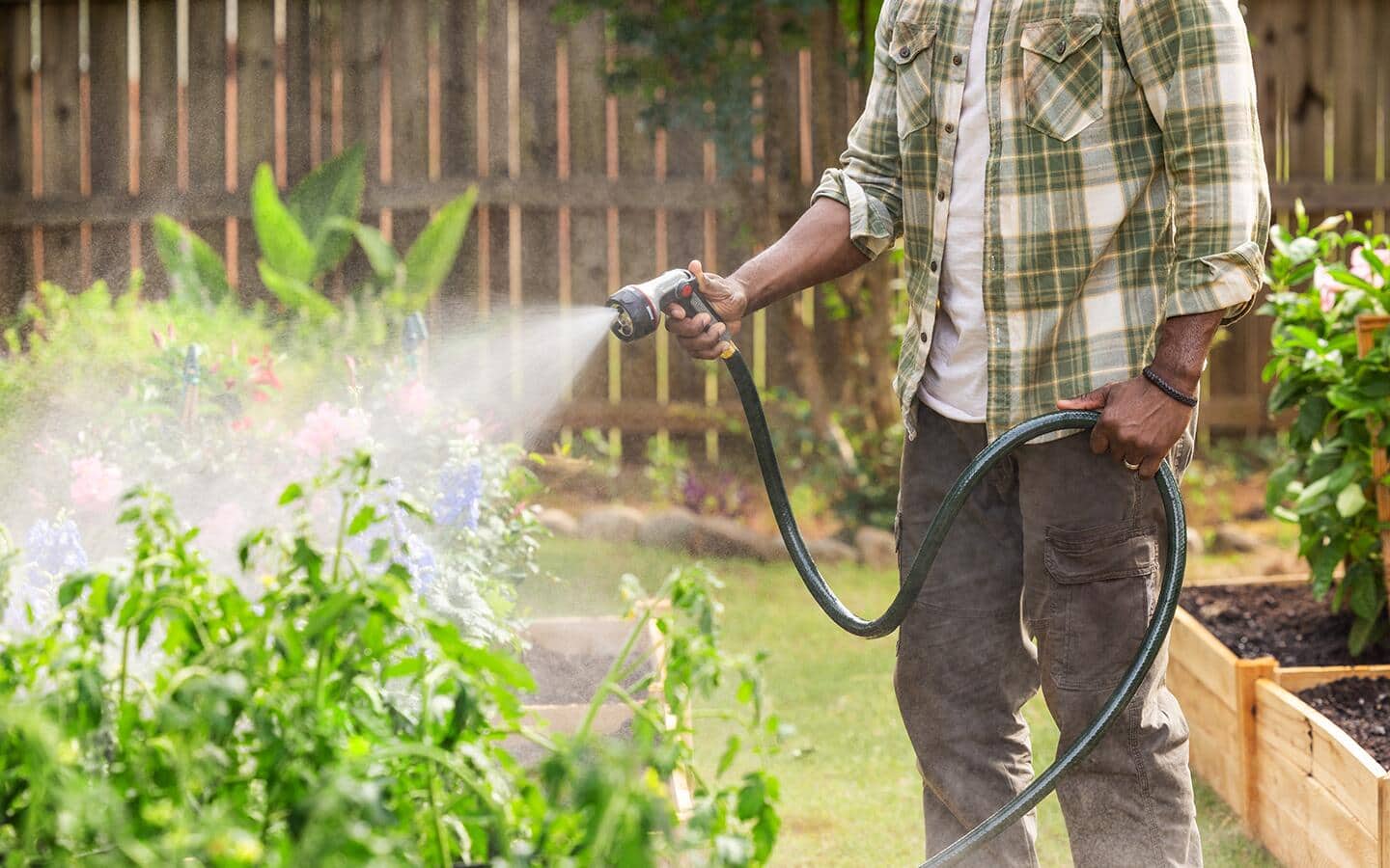 Someone waters a vegetable garden with a garden hose with a nozzle.