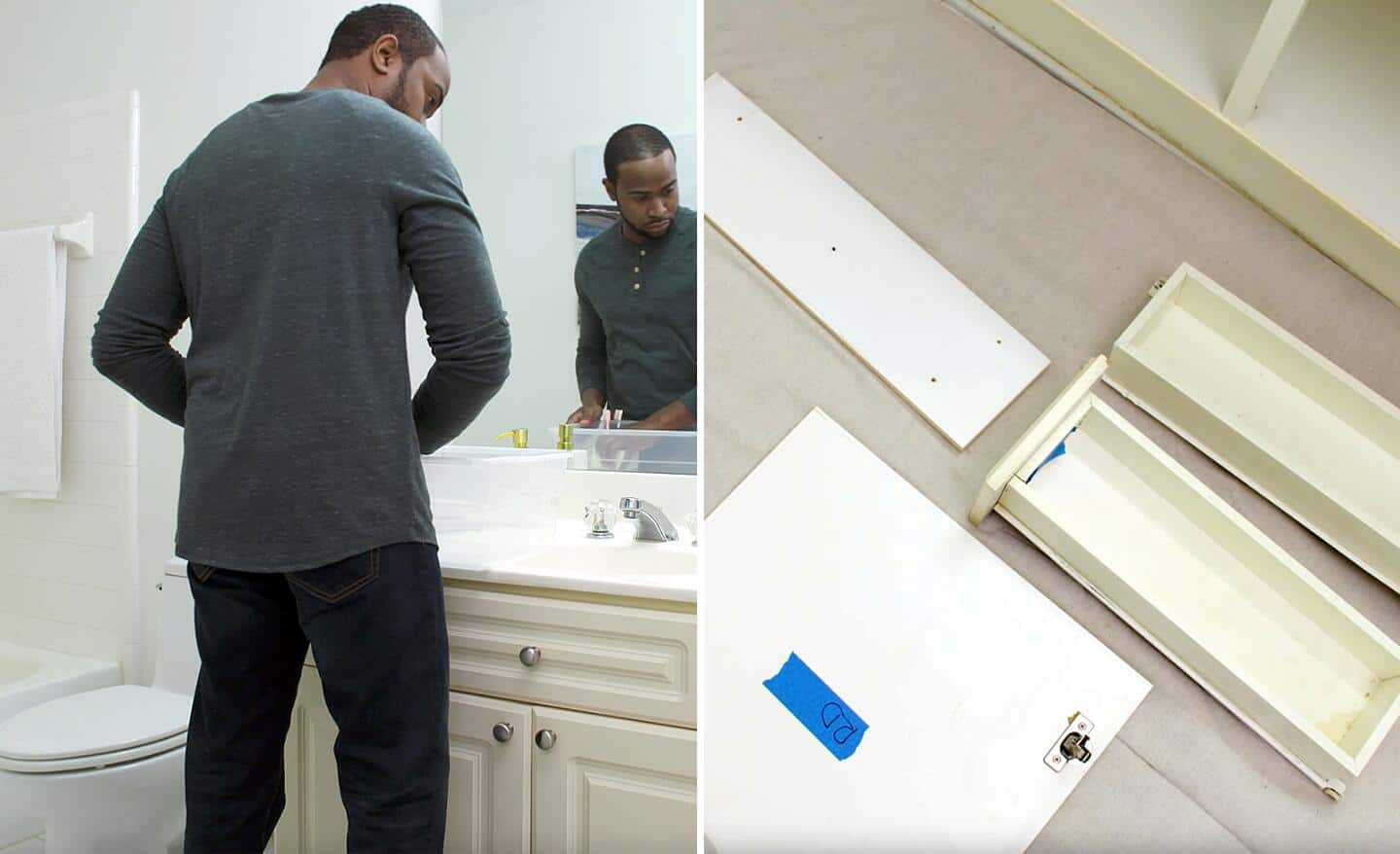 A dual image of a person clearing the top of a bath vanity and the drawers front and hardware of the vanity removed.