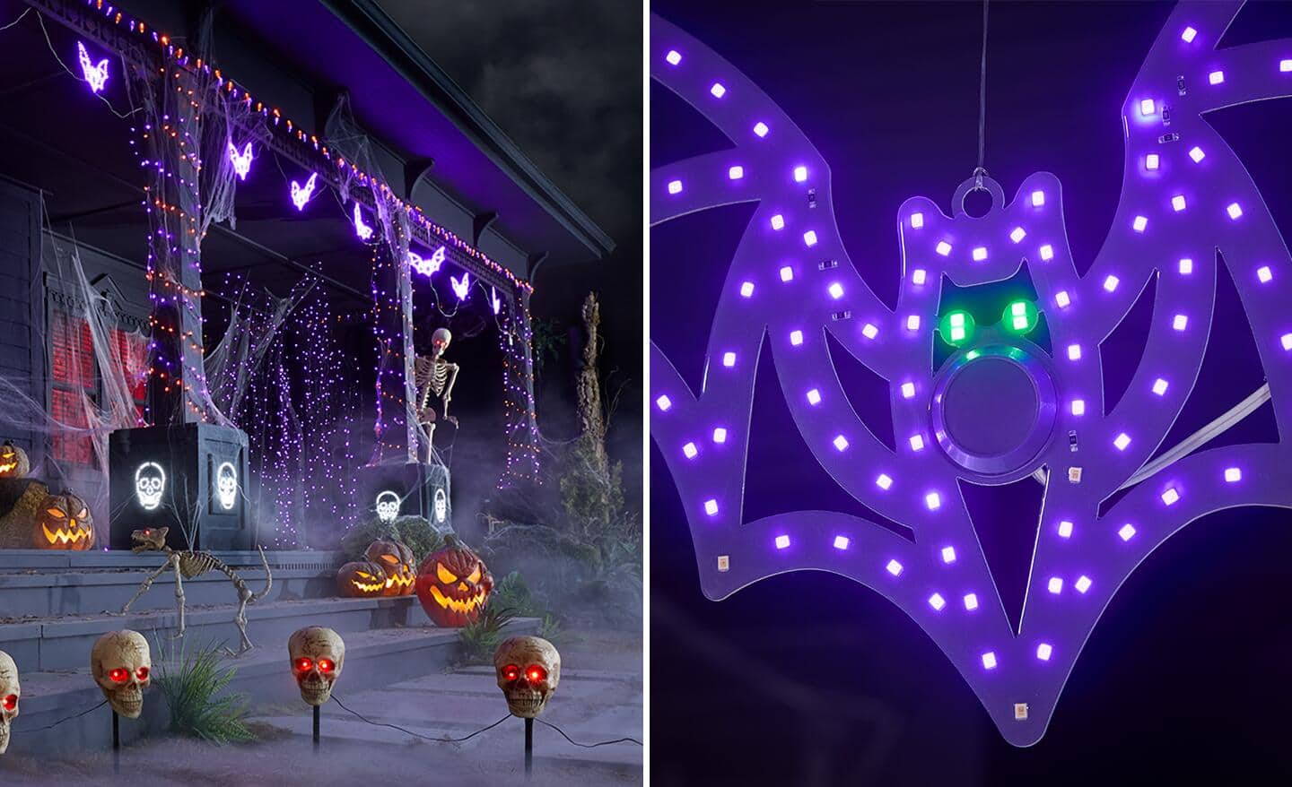 Colorful Halloween light strands and festive purple bats light up a porch.