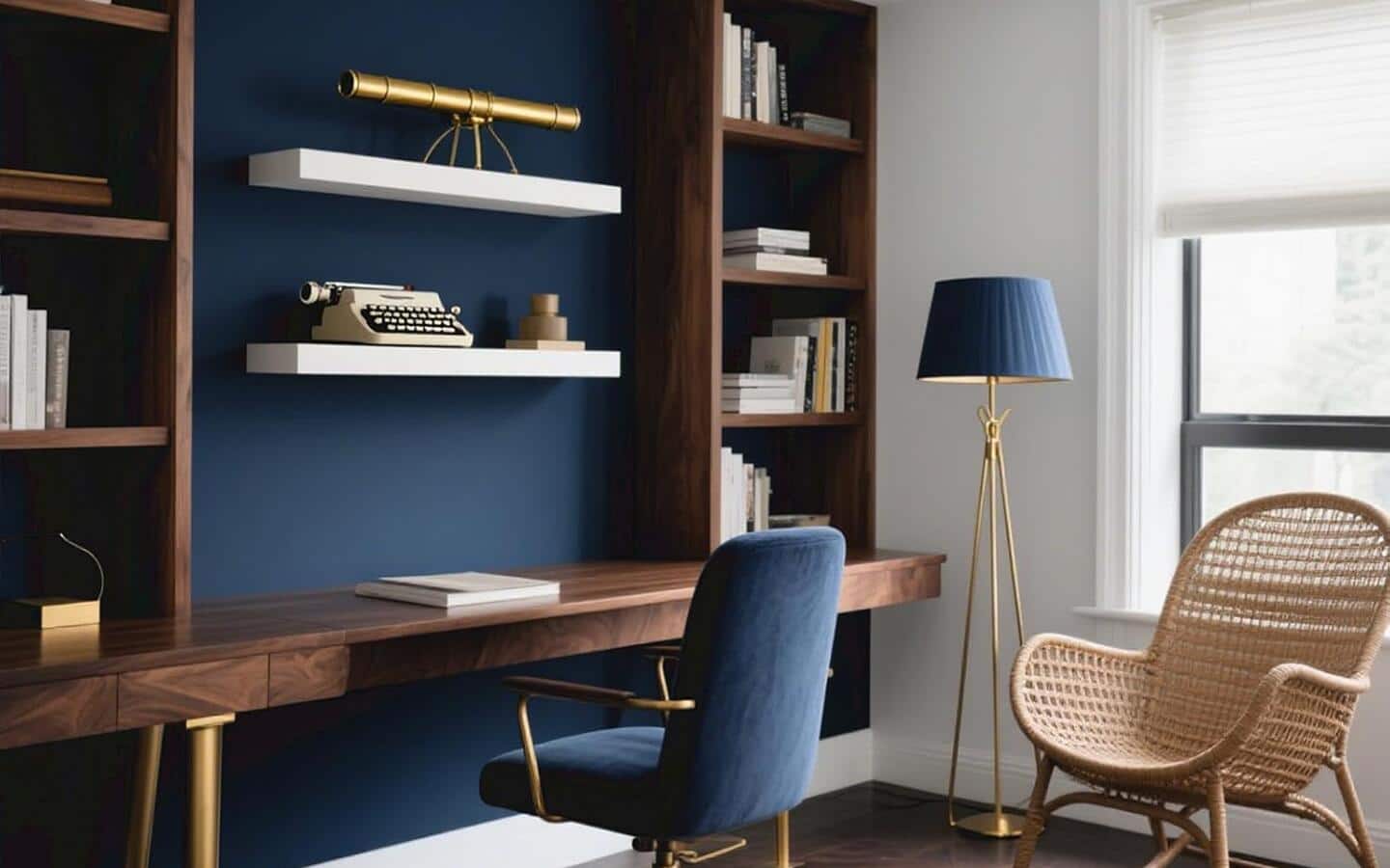A home office with a dark blue accent wall and brown shelves.