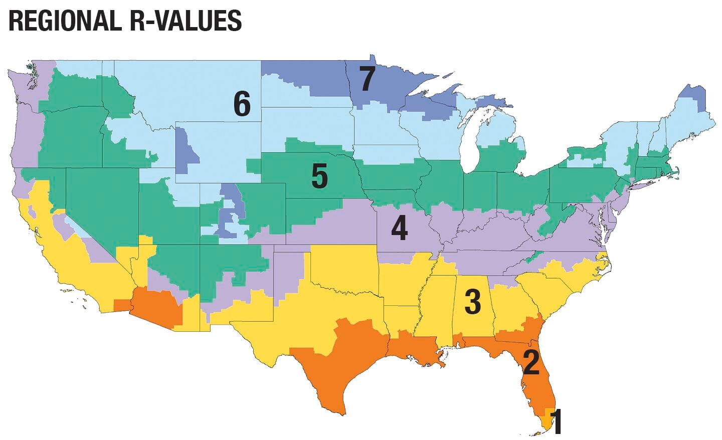 A map of 7 zones used to determine R-values in insulation, with 1 at the tip of Florida and 7 in the farthest north.