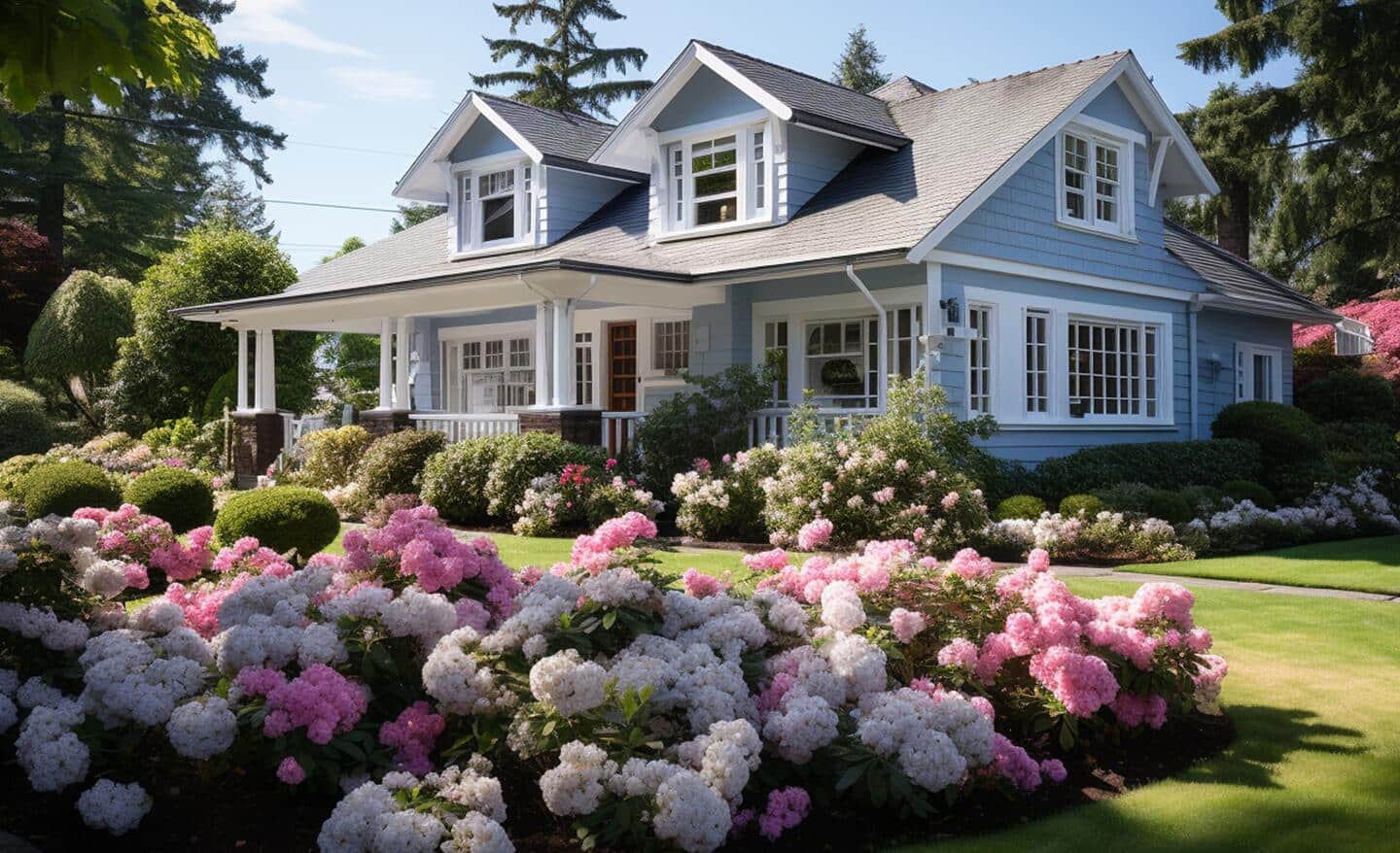 Blooming hydrangeas in shade in front of a house
