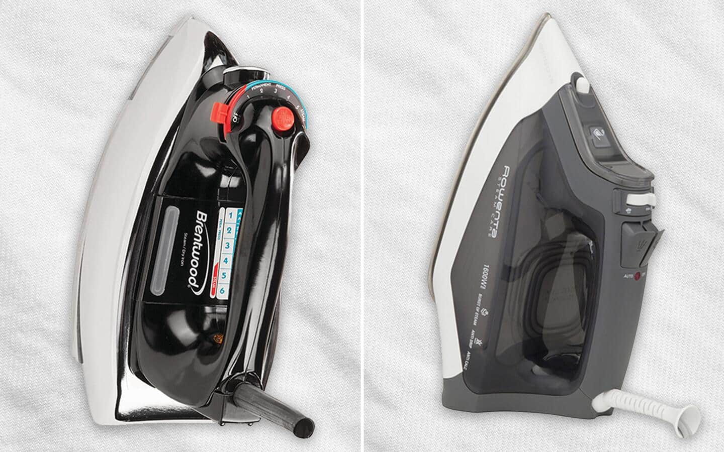 A dry and a steam iron side-by-side on a white background. A dry and a steam iron side-by-side on a white background.