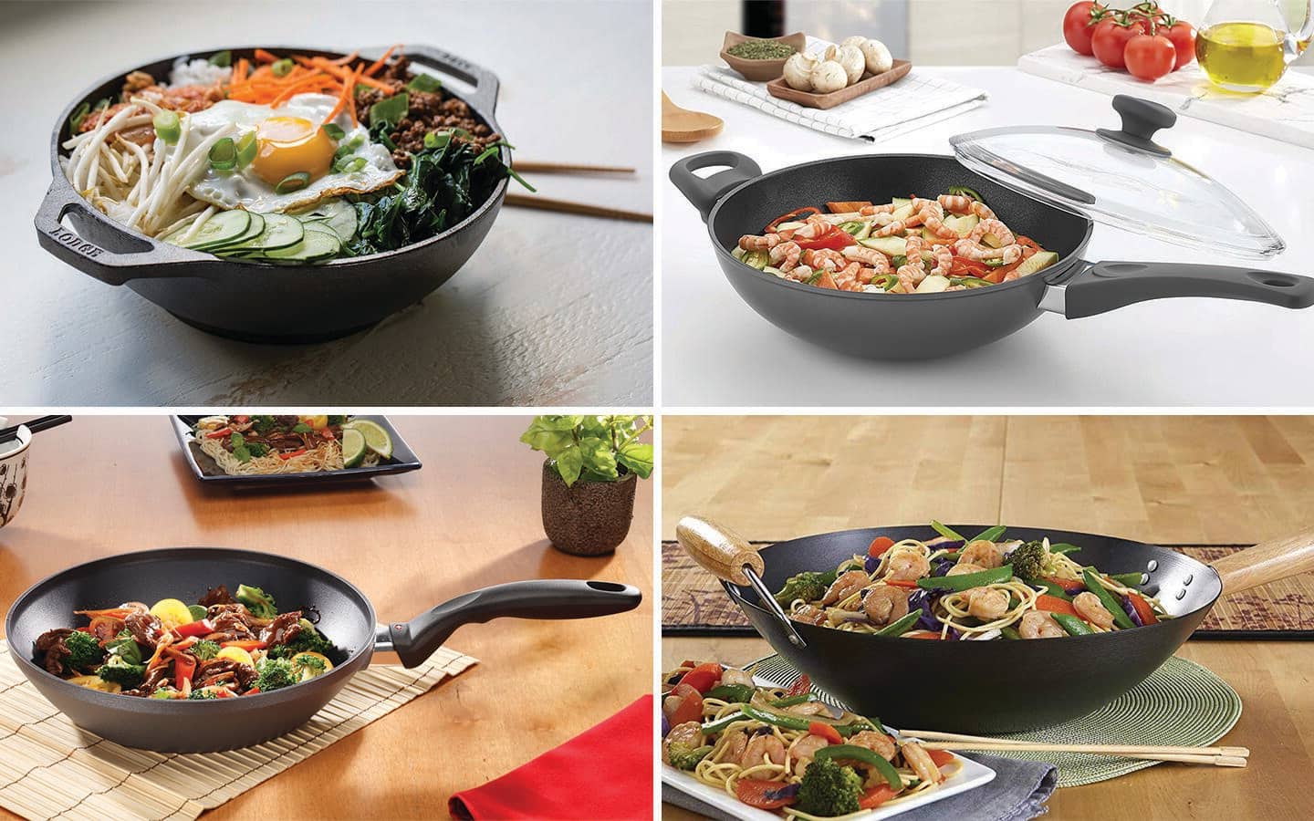 Four woks with with different handle styles on each. Four woks with with different handle styles on each.