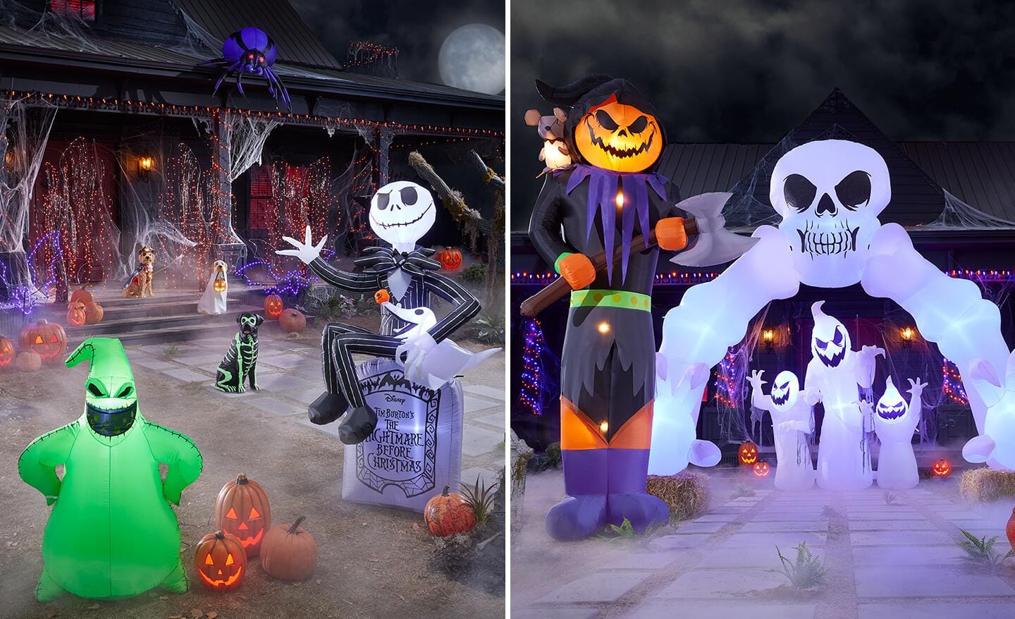 A dual image of assorted Halloween inflatables including a Jack-o'-lantern woodsman, ghosts and a mini-Jack Skellington.