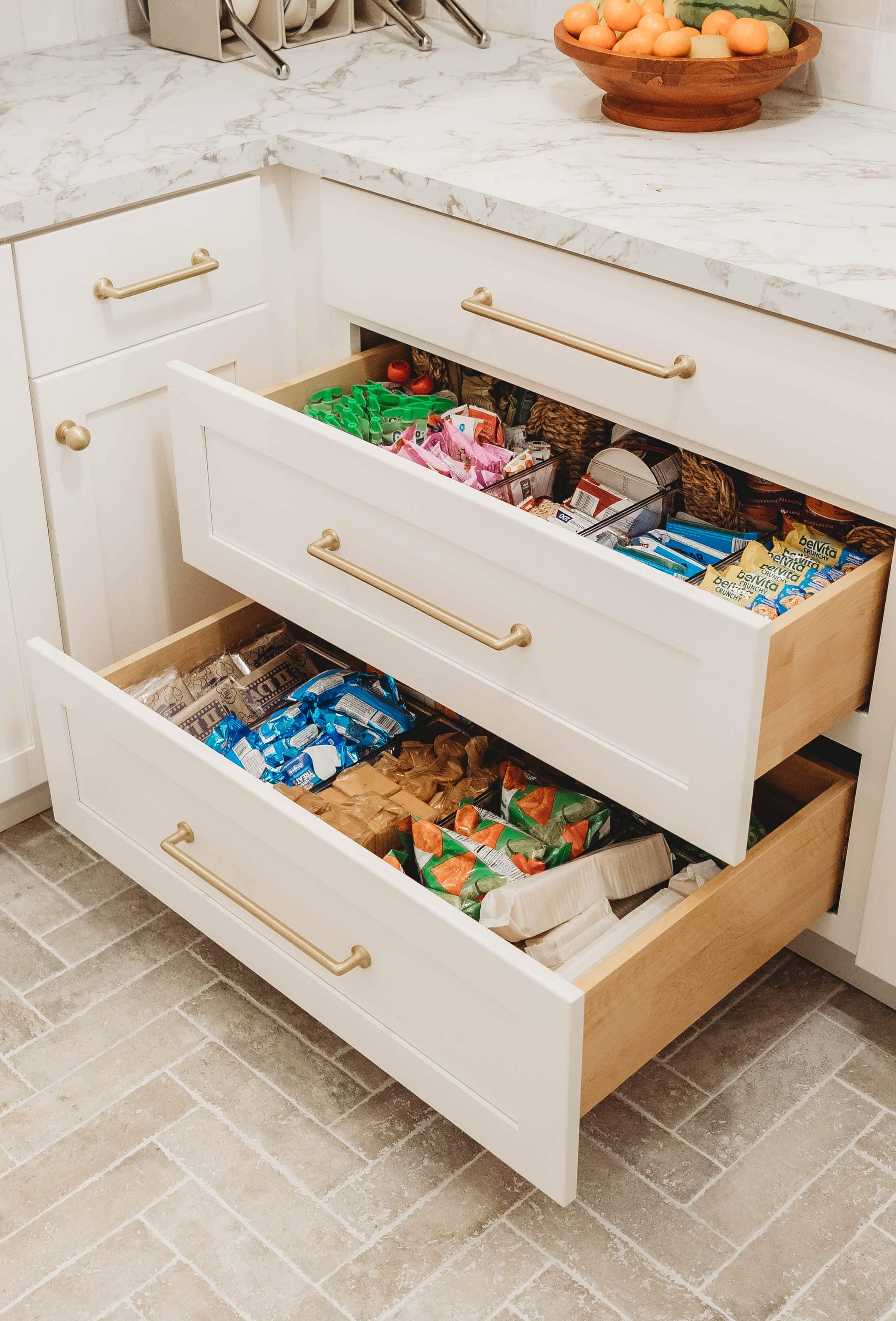 Pantry drawers full of snacks