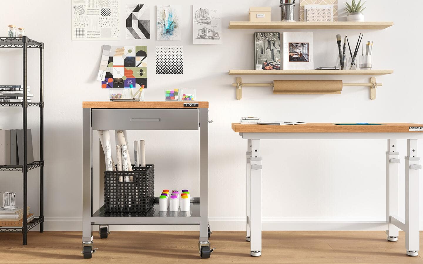 Crafting equipment in a mobile storage cart next to a drafting table. Crafting equipment in a mobile storage cart next to a drafting table.