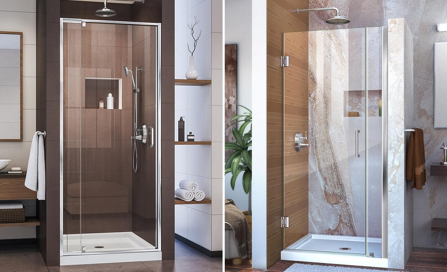 A comparison of a showers with framed and frameless doors.