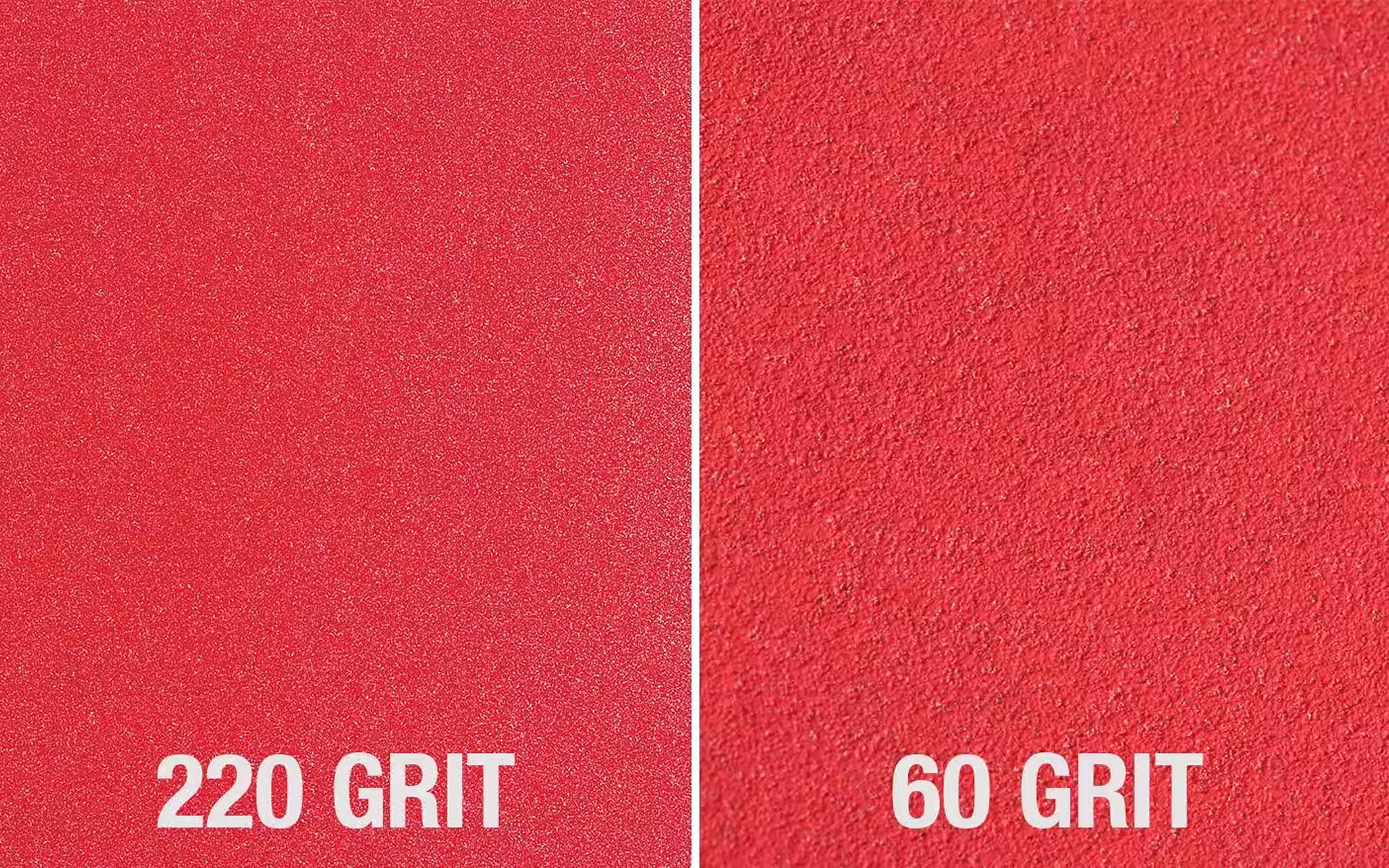 A picture showing 220-grit sandpaper on the left and 60-grit sandpaper on the right.