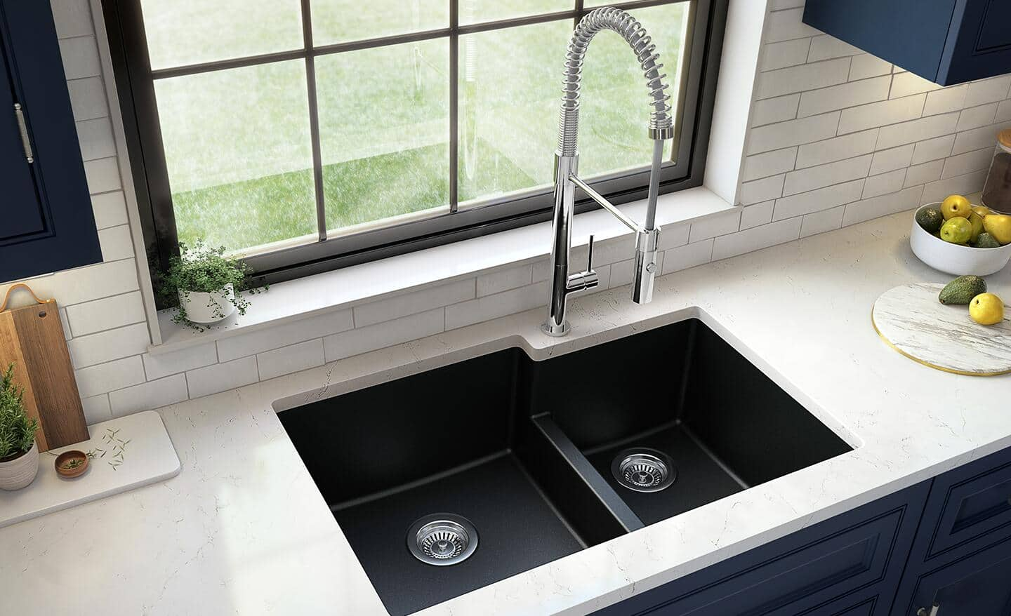 A black, undermount, double-basin sink.