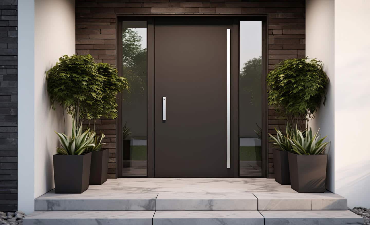 A front porch with a steel entry door