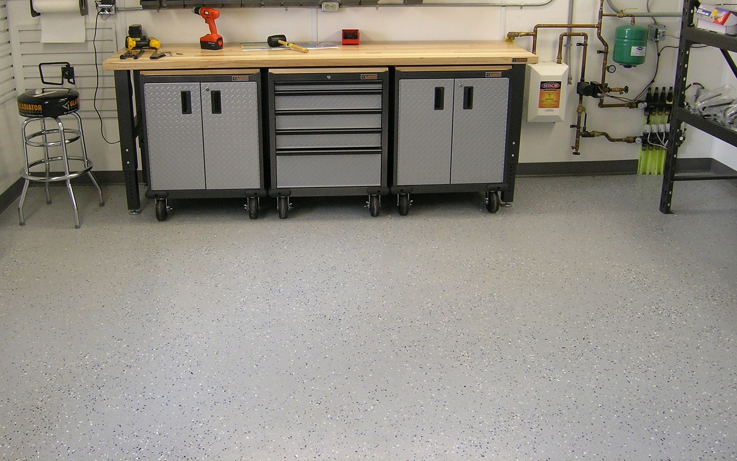 A garage featuring a painted concrete floor.