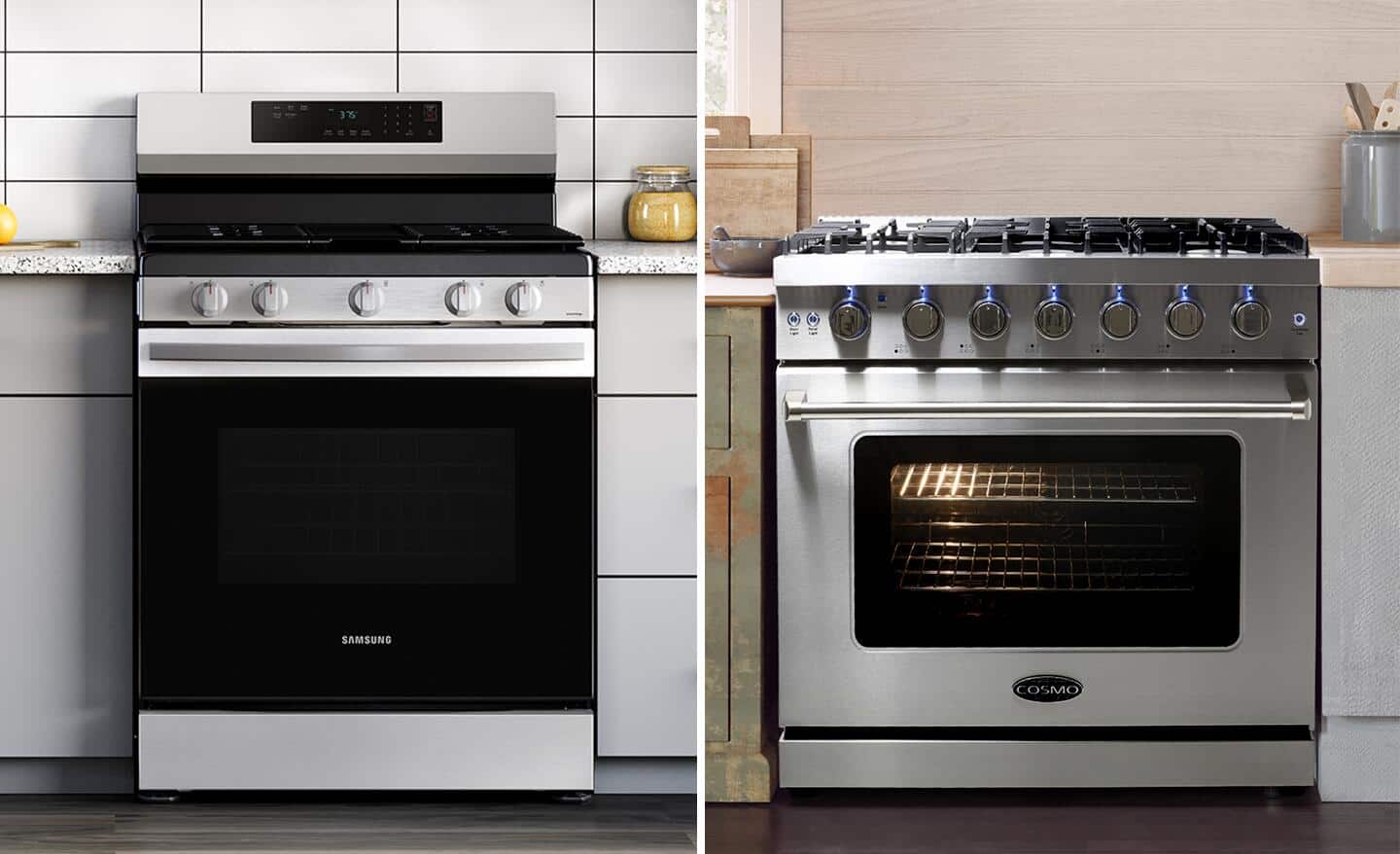 A conventional oven and a convection oven featuring a stainless steel finish.