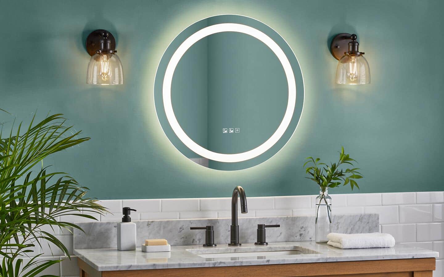 A smart mirror is lit up in a modern smart bathroom