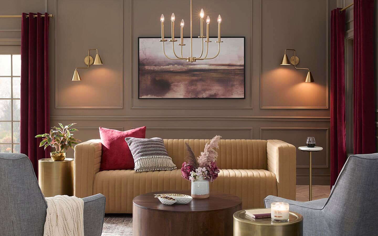 A well-lit living room with natural light coming in through a window and ambient light from a ceiling fixture A well-lit living room with natural light coming in through a window and ambient light from a ceiling fixture