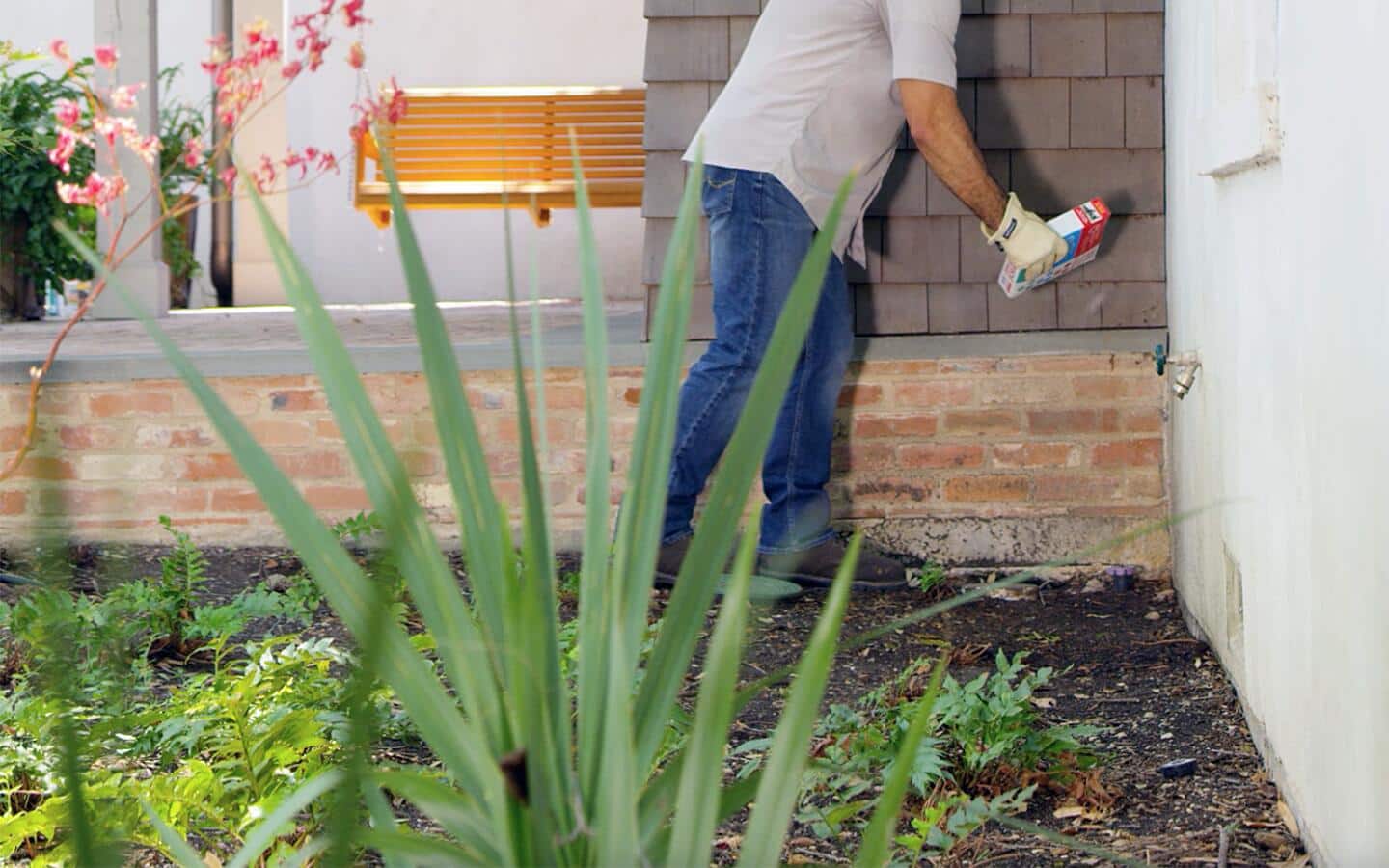 A person wearing gloves sprinkles diatomaceous earth along a home's exterior wall.