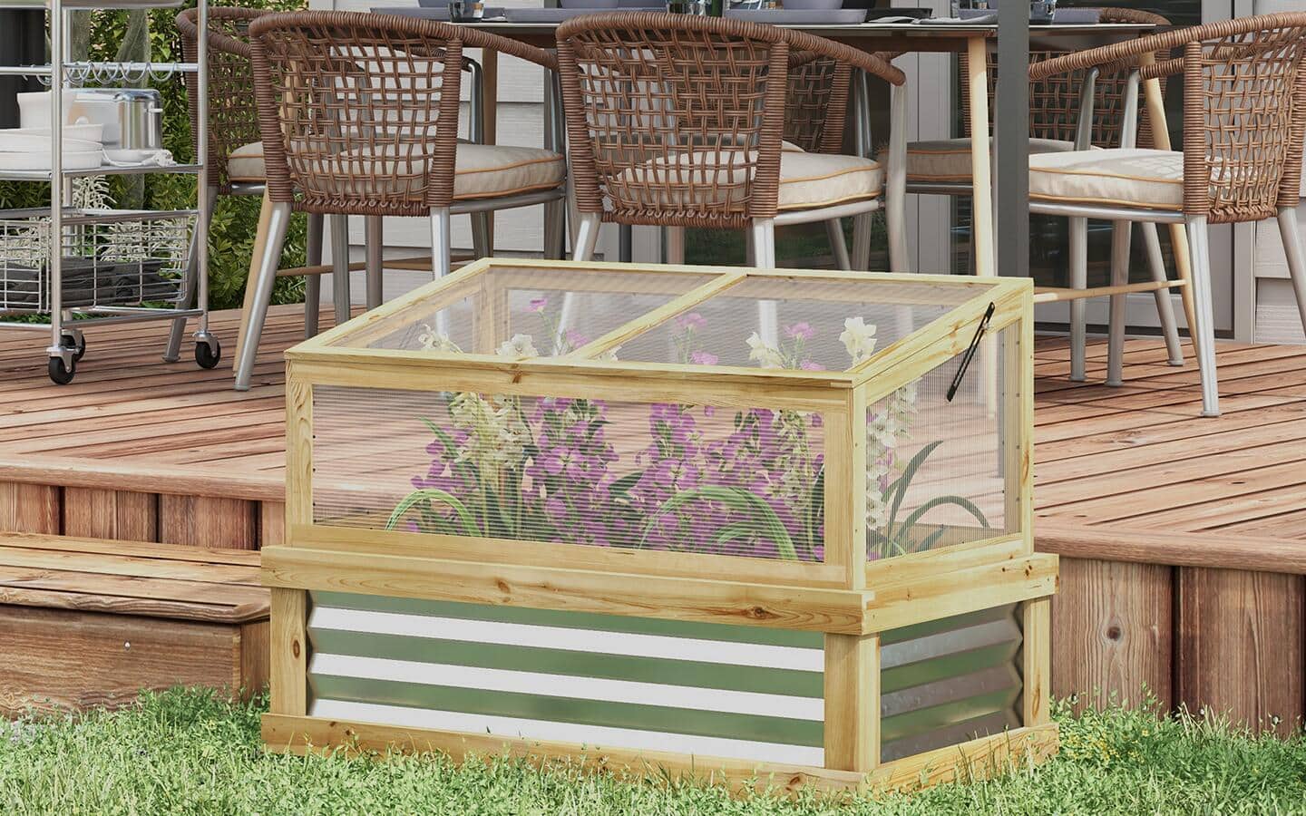 A cold frame garden bed placed next to an outdoor deck. A cold frame garden bed placed next to an outdoor deck.