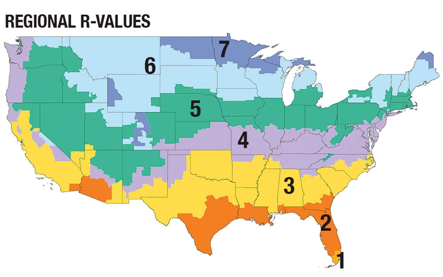 A map shows R-values for different regions in the U.S. A map shows R-values for different regions in the U.S.