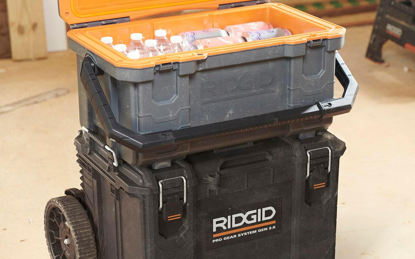 A modular tool storage system with an integrated food and beverage cooler.