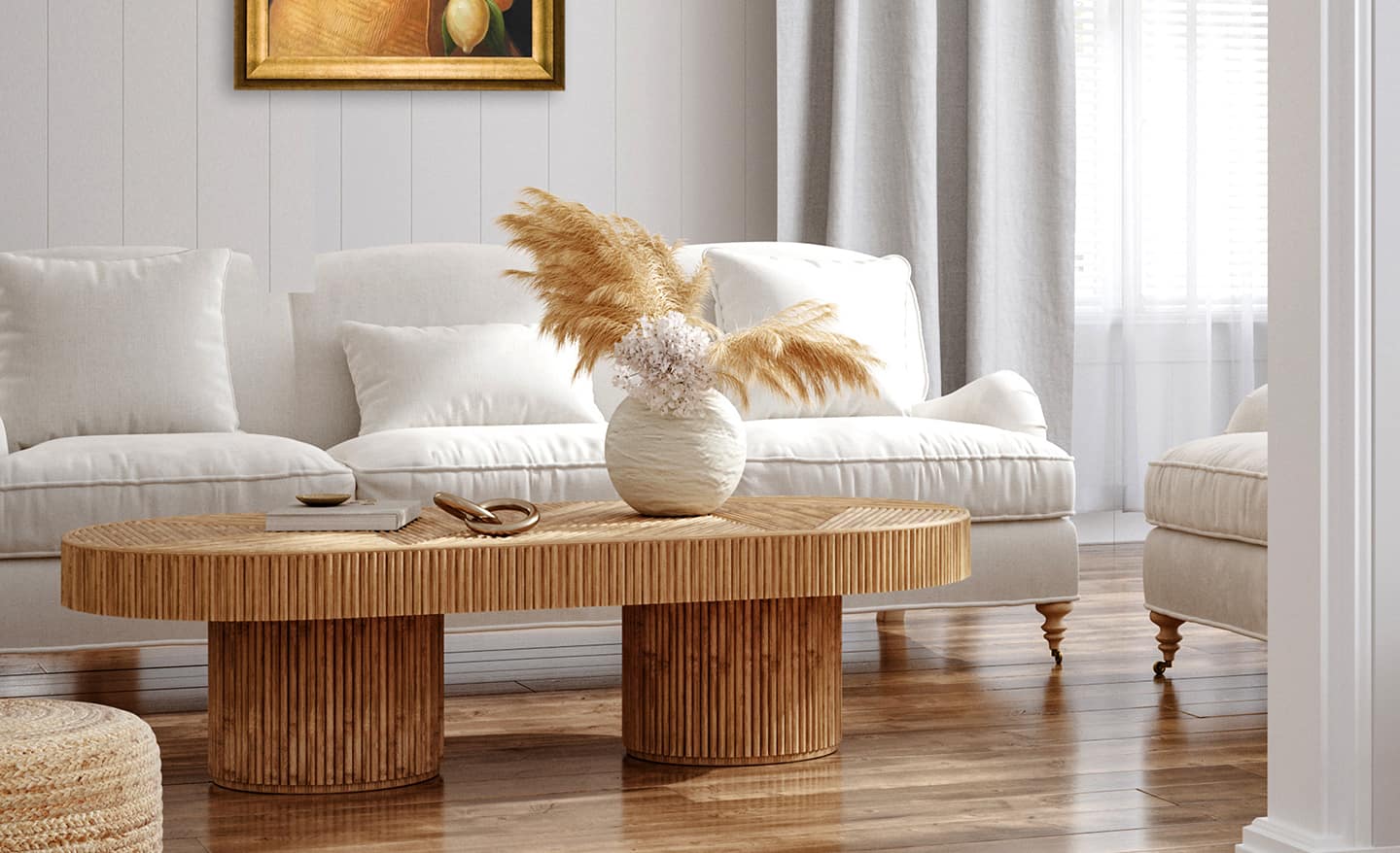 Wood coffee table with objects in a white living room