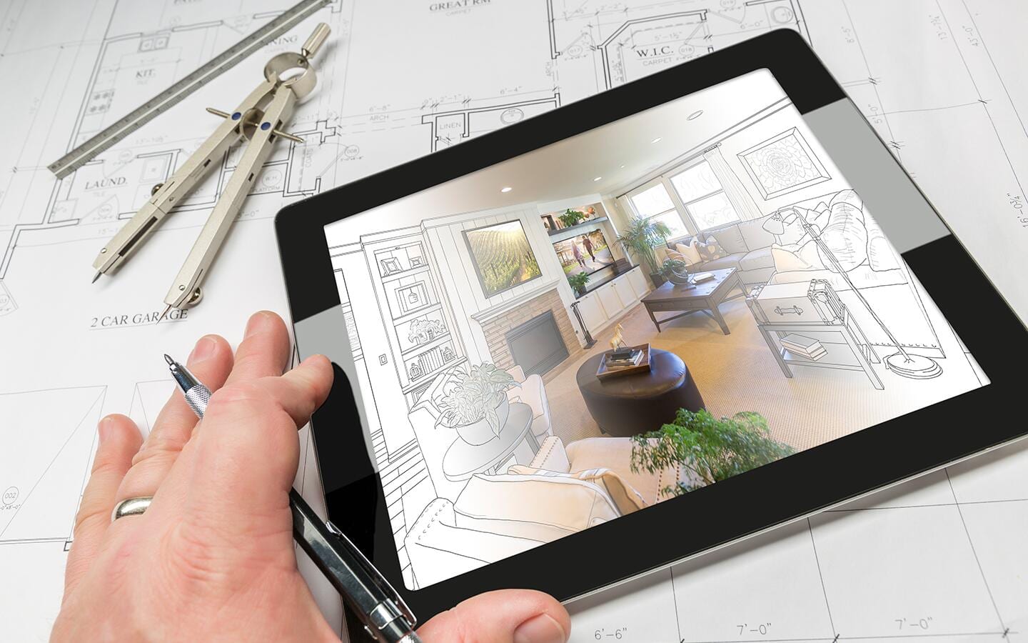 A person's hand with a pen next to a digital notebook on top of a design layout A person's hand with a pen next to a digital notebook on top of a design layout