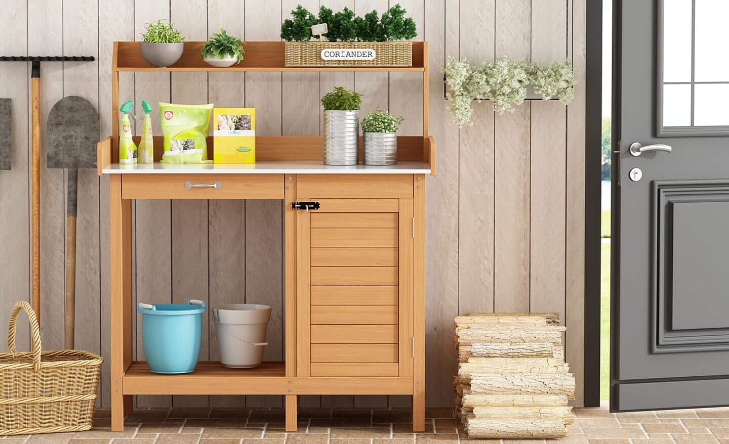 A potting bench holds gardening tools and supplies.