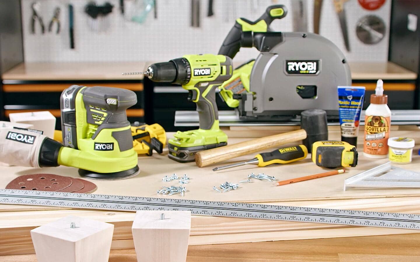 Tools and materials for shoe rack construction, including a circular saw, on a wooden worktable. Tools and materials for shoe rack construction, including a circular saw, on a wooden worktable.
