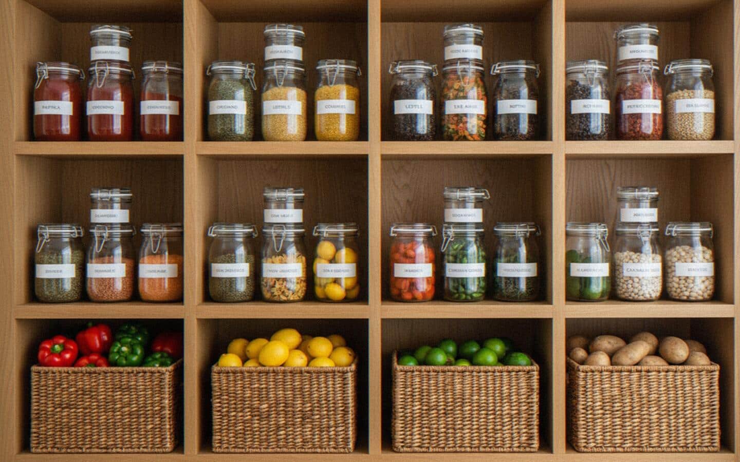 Pantry shelves featuring different food items in jars and baskets.