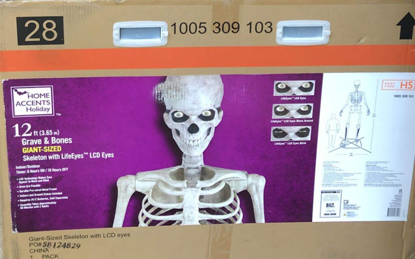 The original box that the skeleton is shipped in sits in a garage. The original box that the skeleton is shipped in sits in a garage.