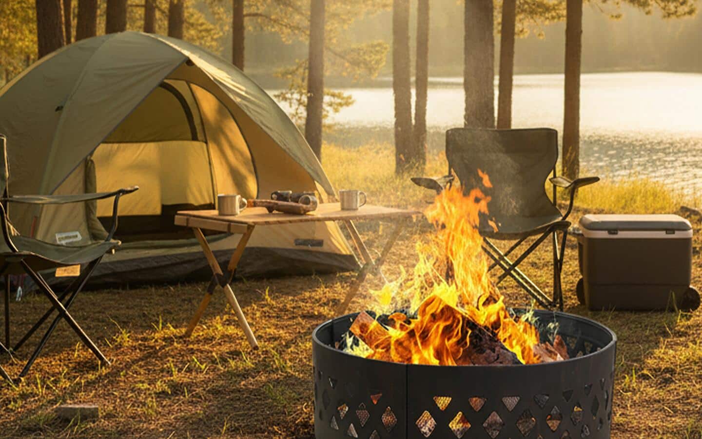A campfire in a fire pit at a camp site by a lake