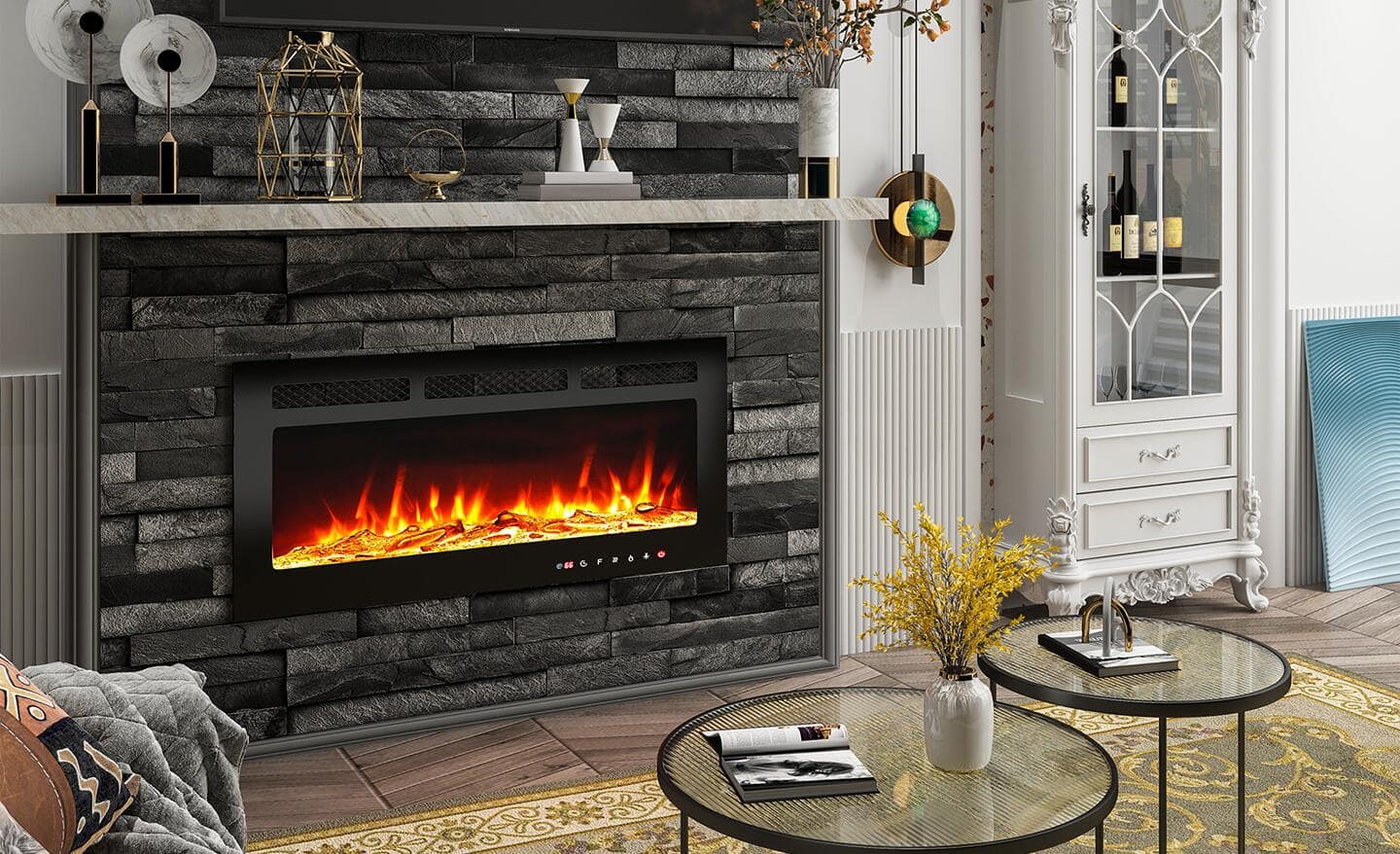 A rectangle fireplace insert warms a modern living room. A rectangle fireplace insert warms a modern living room.
