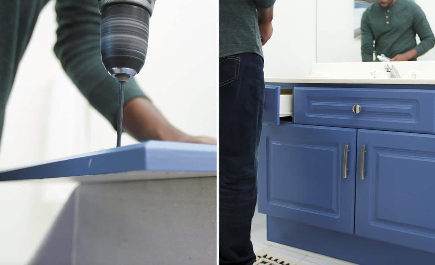 A dual image of bathroom vanity top being drilled for new hardware and then a completed painted bath vanity.