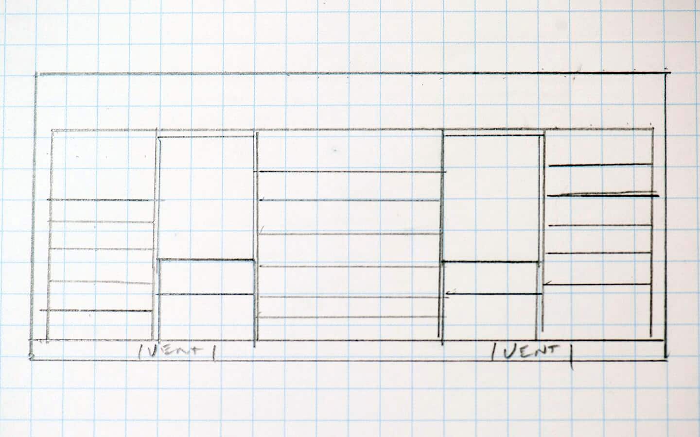 A hand drawn diagram of the shelf layout for a built in shelving unit.