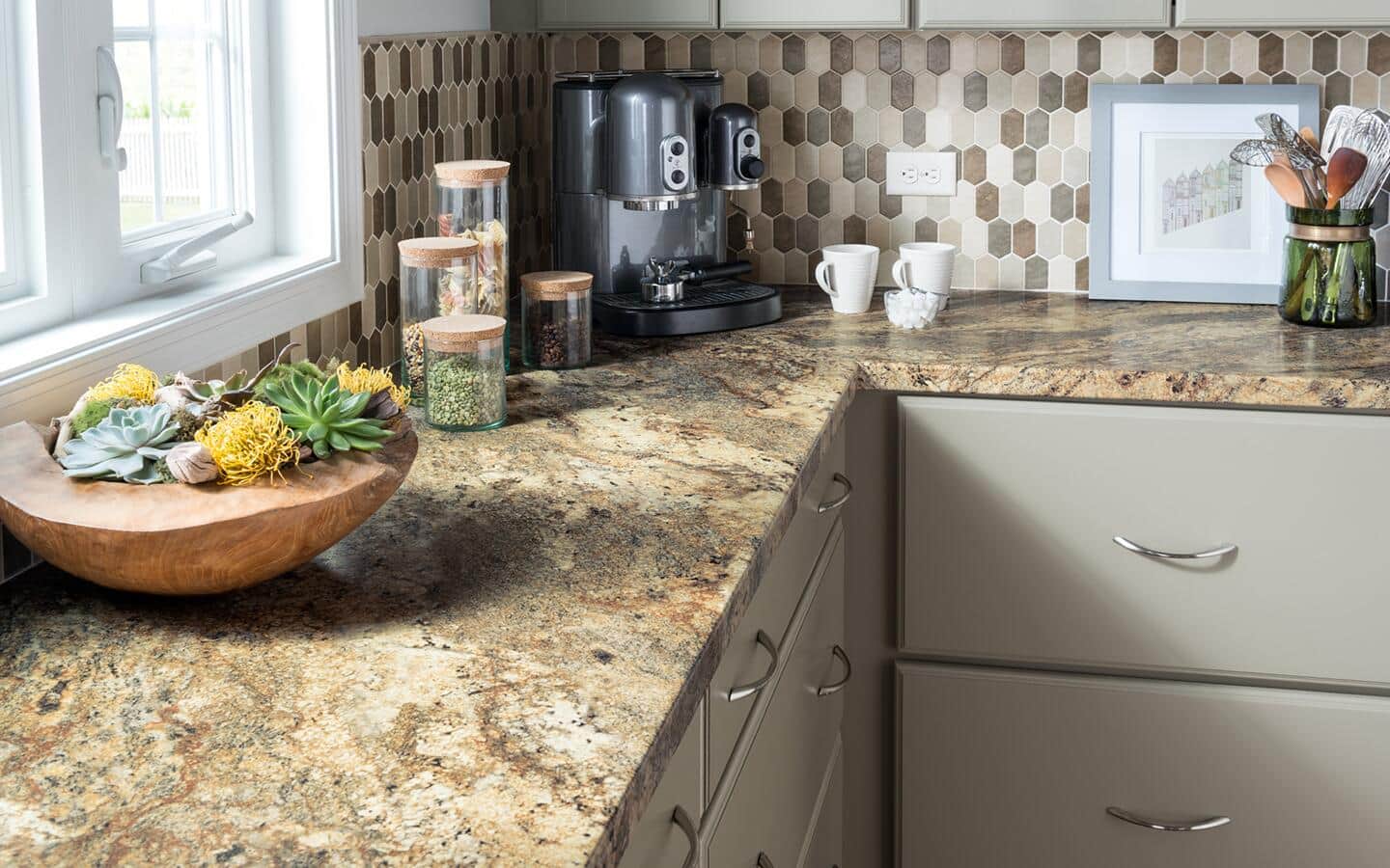 Laminate countertop that resembles granite in a home kitchen