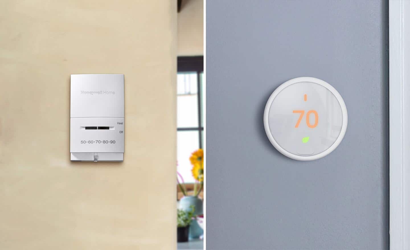 A side by side image of an analog thermostat and a digital thermostat.