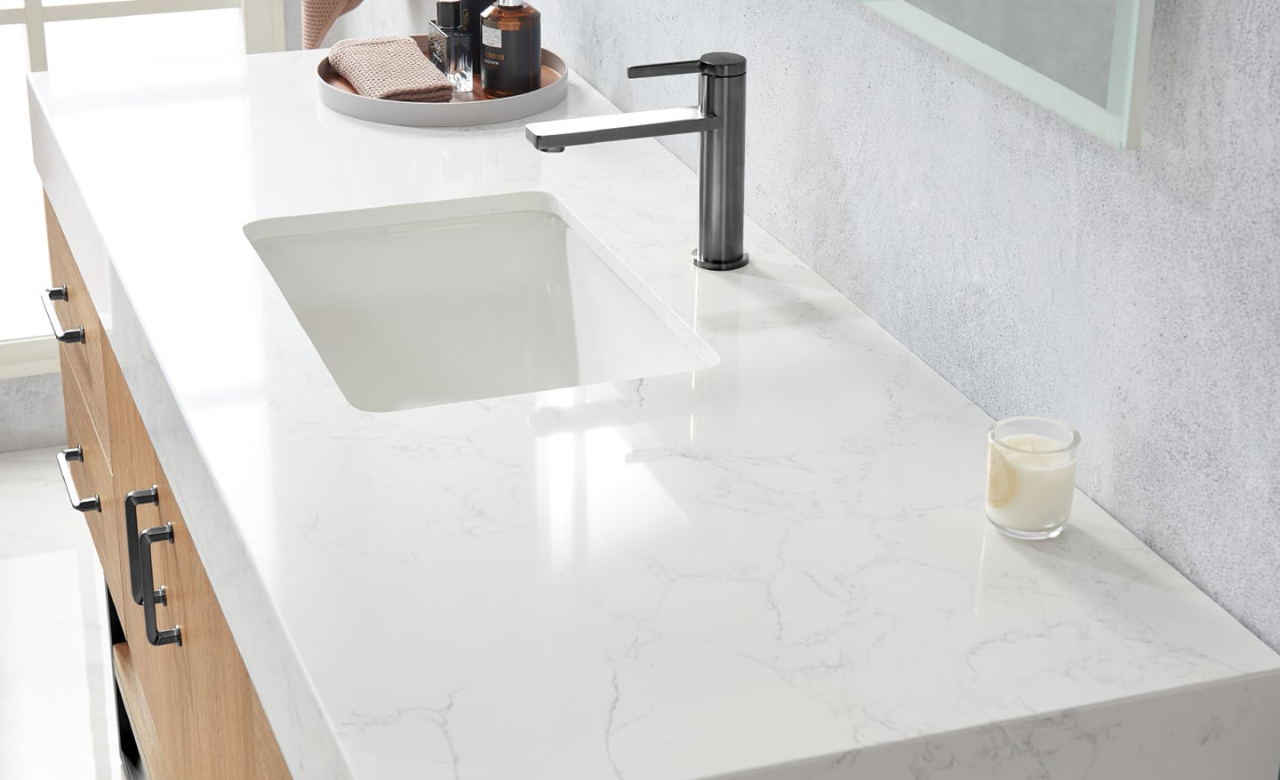 An engineered stone bathroom vanity countertop